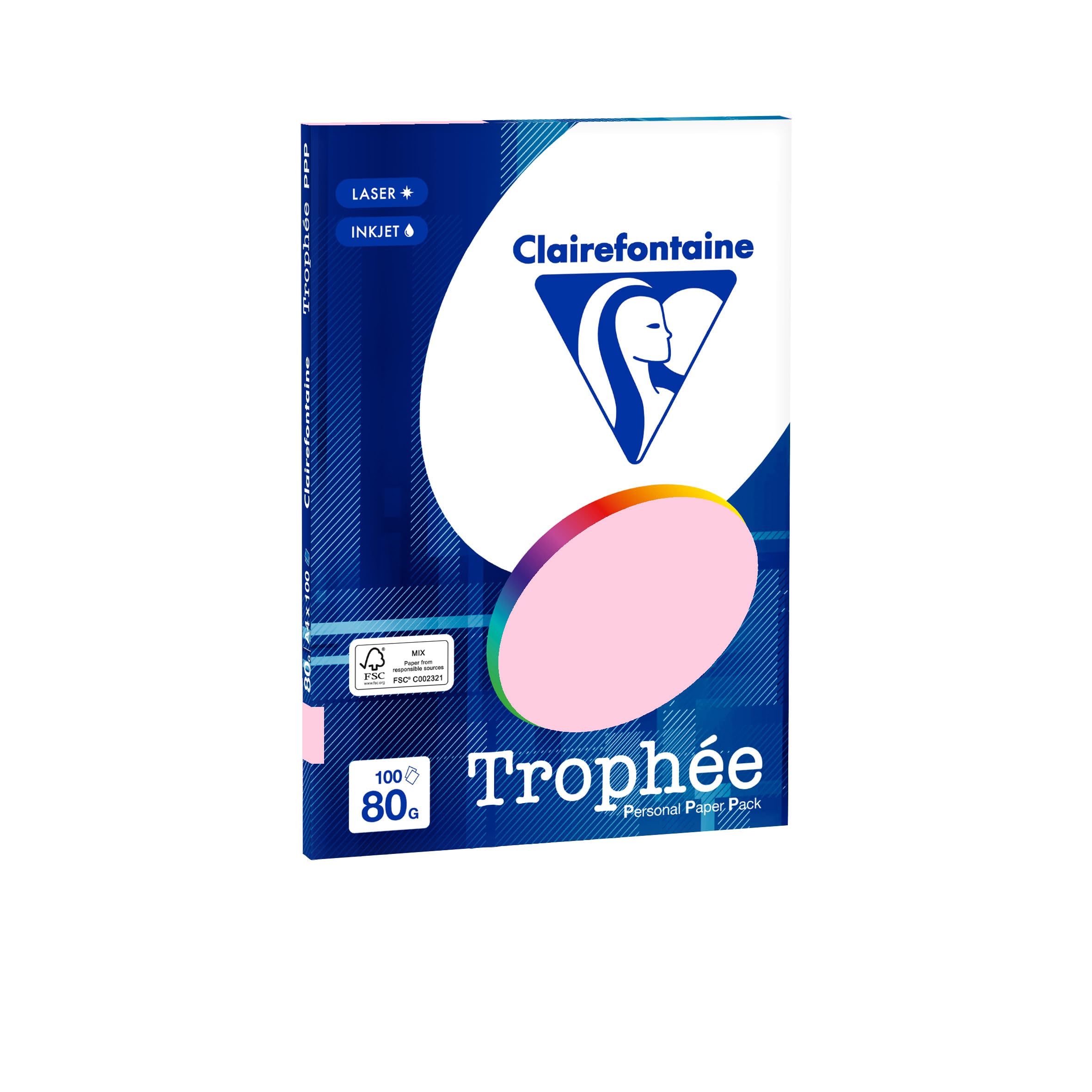 Clairefontaine 4103C - Karton mit 10 Packungen Druckerpapier / Kopierpapier Trophee PPP, intensive Farben, DIN A4, 80g, 100 Blatt x 10, Rosa, 1 Karton