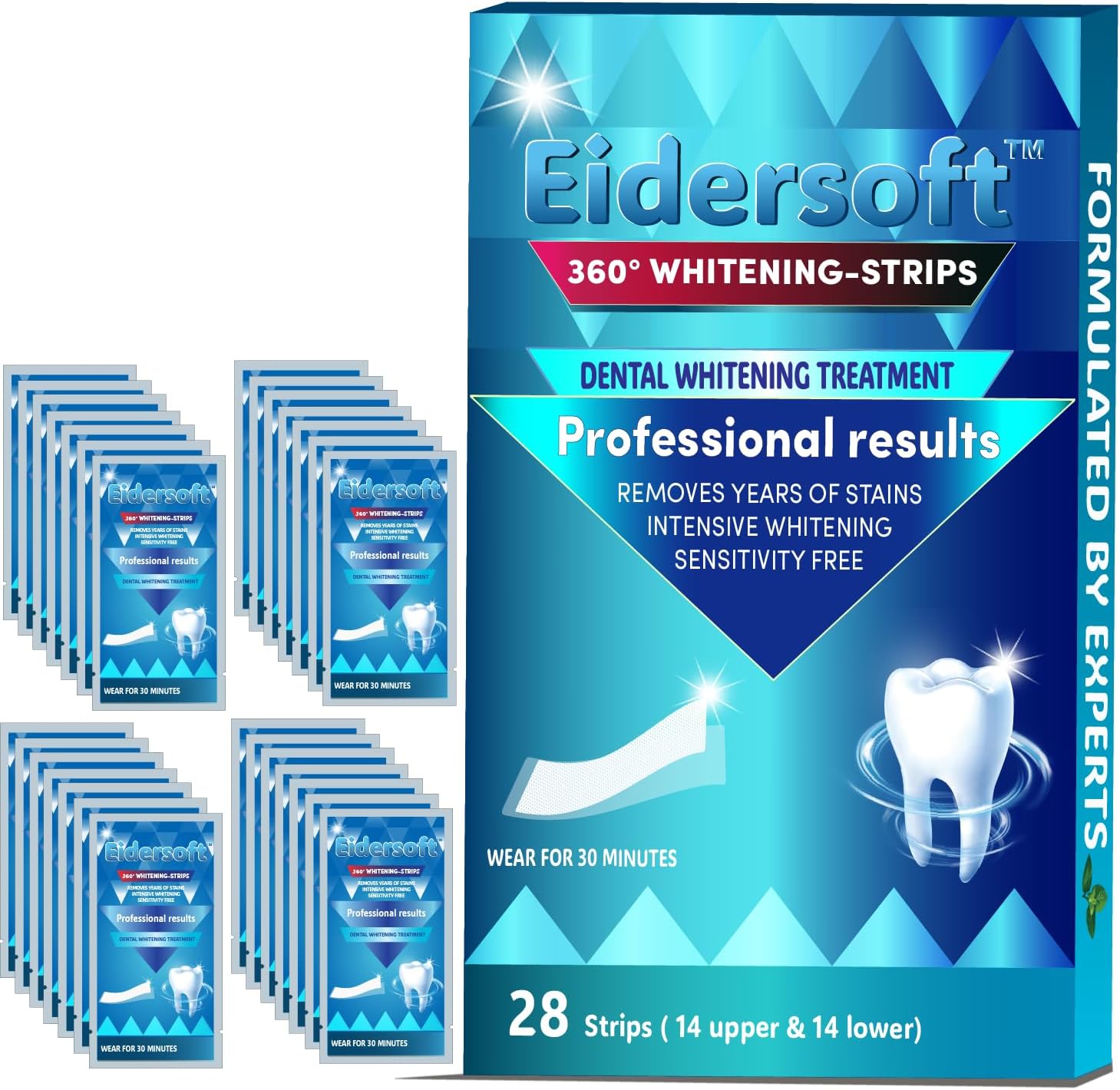 360° Professional Teeth Whitening Strips, Removes Years of Stains for Beautiful Smile, Results in 30 min, Non-Slip, Enamel Safe for Sensitive Teeth, 28 Strips (14 Treatments), Vegan & Mint Flavor