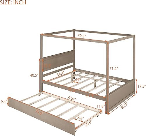 Miniatura 2 de BIADNBZ Cama de plataforma de tamaño matrimonial con nido, marco de cama de madera maciza para dormitorio, soporte de listones de madera, no