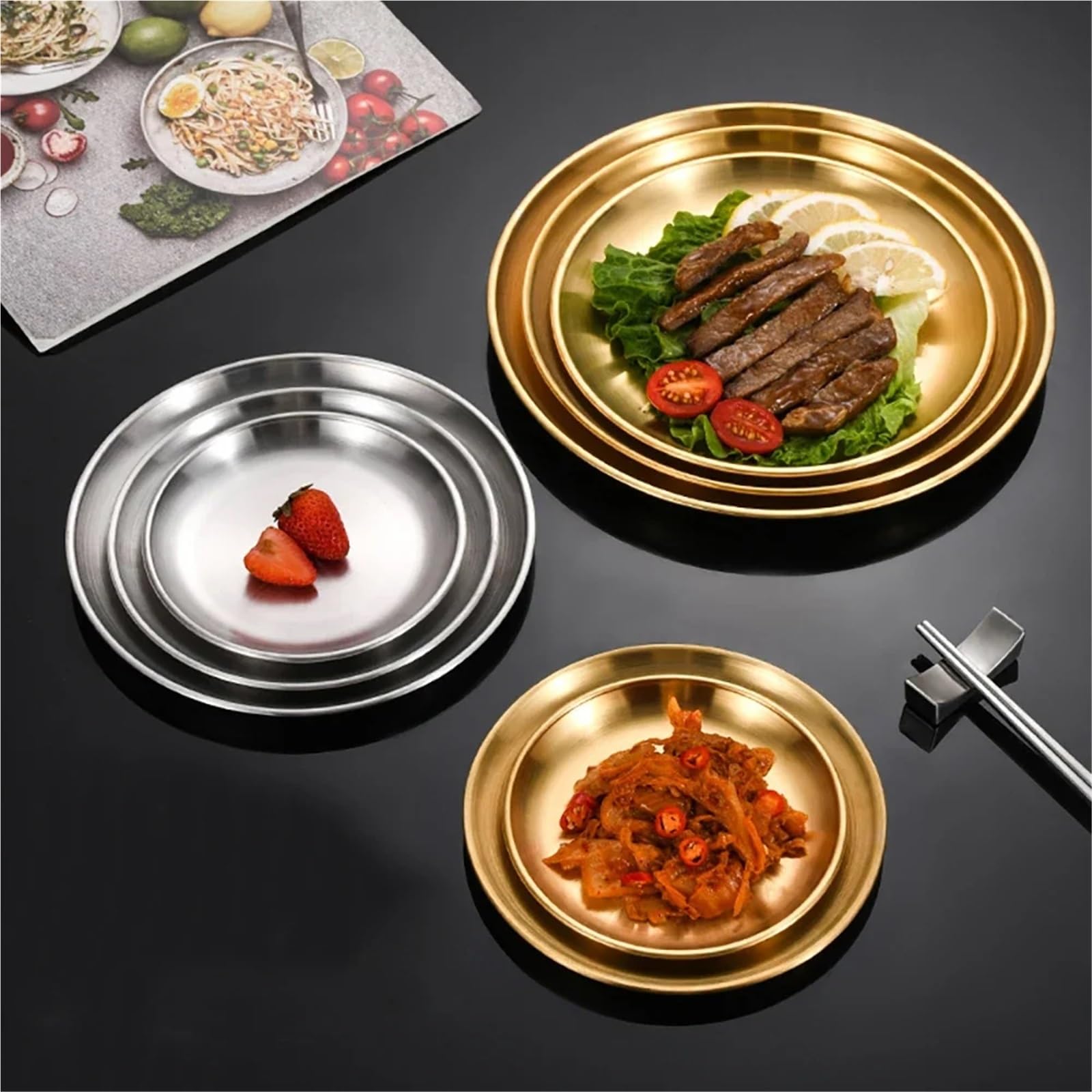 4 pezzi di vassoio rotondo in acciaio inossidabile argentato for frutta, carne, pentole e stoviglie per Cucina(Color2,23cm)