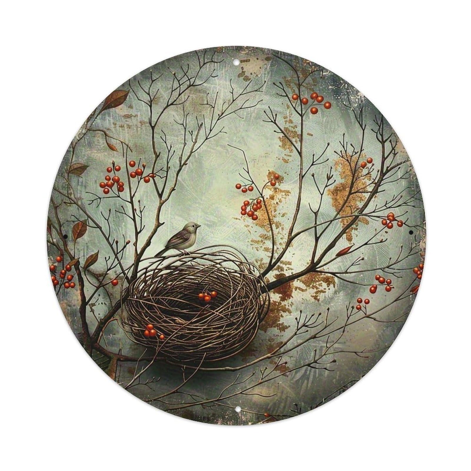 Bird Nest Berries Branches Sky Vintage Round Tin Sign Retro Metal Wall Decor Metal Poster, Home Bar Garage Cafe Wall Art Decoration 8x8Inches