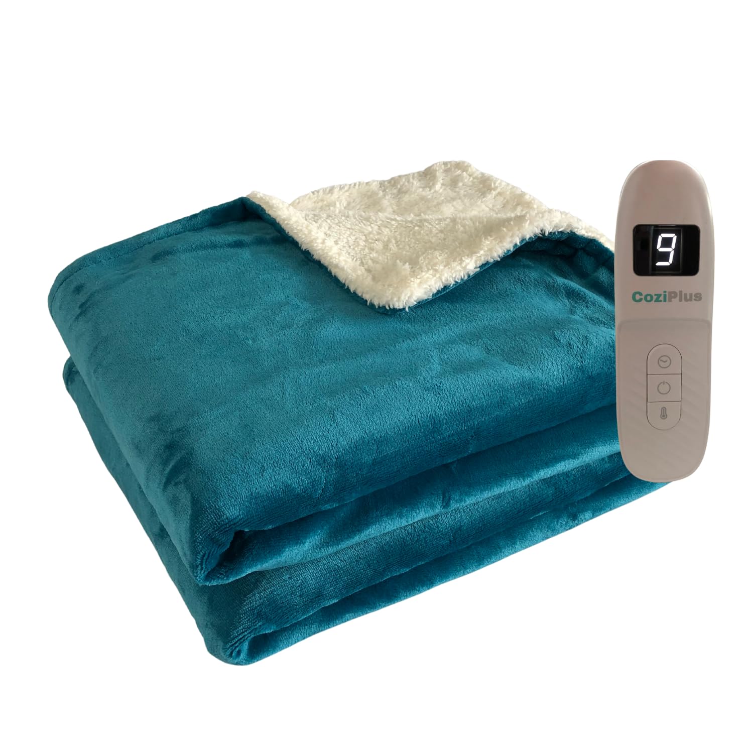Coziplus Sherpa Heated Throw | Electric Blanket | Flannel & Sherpa Fleece, 8 Colours, Fast Heating 160x130cm, 9 Heat & Timer Levels, Auto-Shut Off, LED Display, For Home & Office Use (Teal)