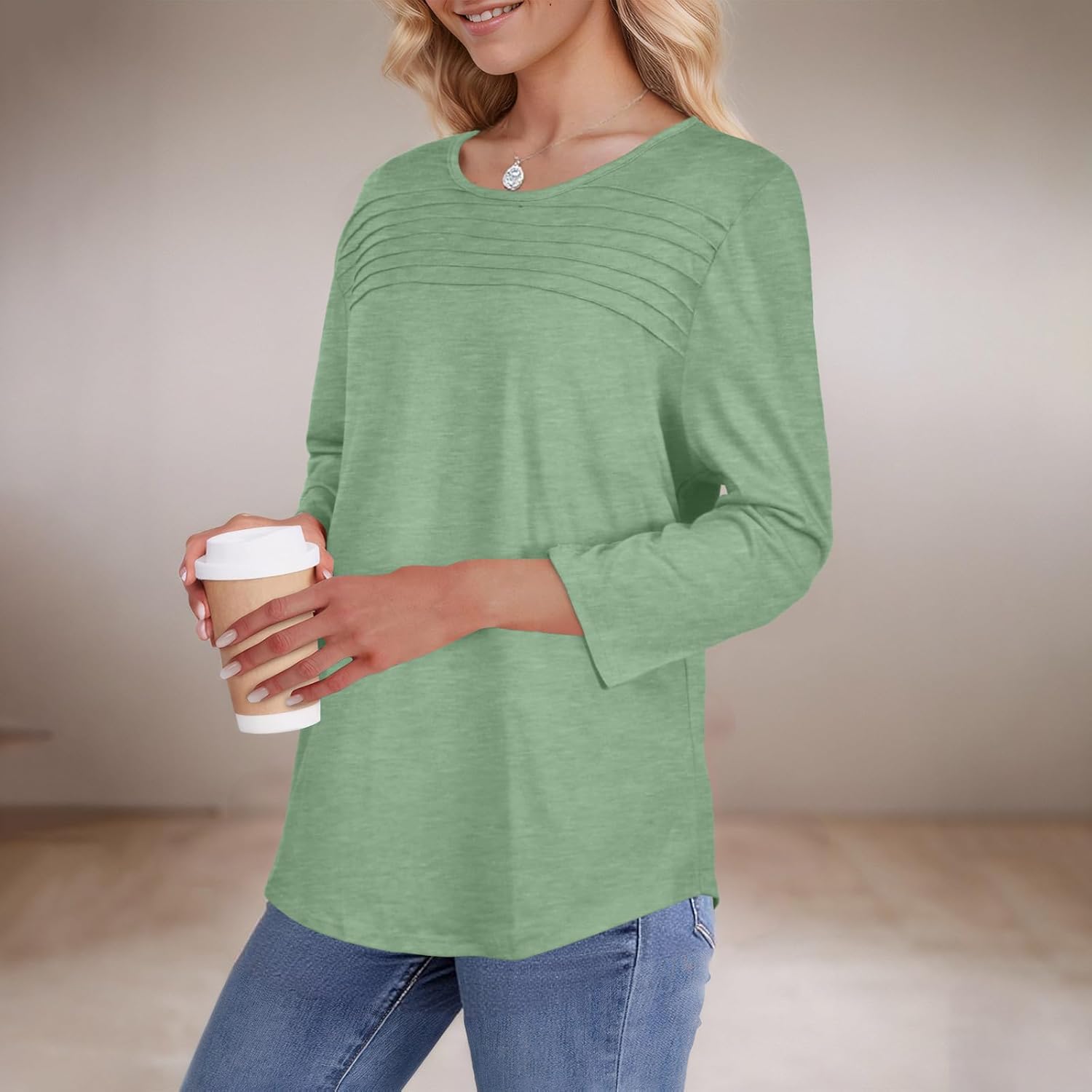 rosemia 3/4 Length Sleeve Womens Tops Crewneck Casual Tunic Dressy Pleated Front Loose Fit T Shirts - Image 3