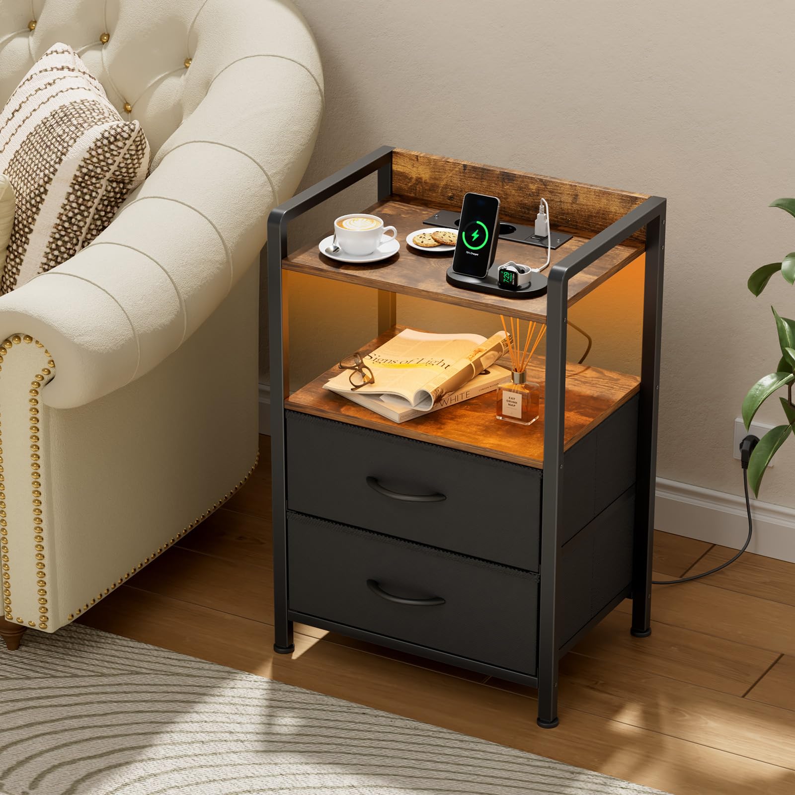 YOUDENOVA Nachttisch 2er Set mit LED-Beleuchtung, Nachtschrank mit Ladefunktion, Beistelltisch mit 2 Schubladen und 2 Offene Regale, Couchtisch fürs Wohnzimmer, Schlafzimmer, Vintage Braun
