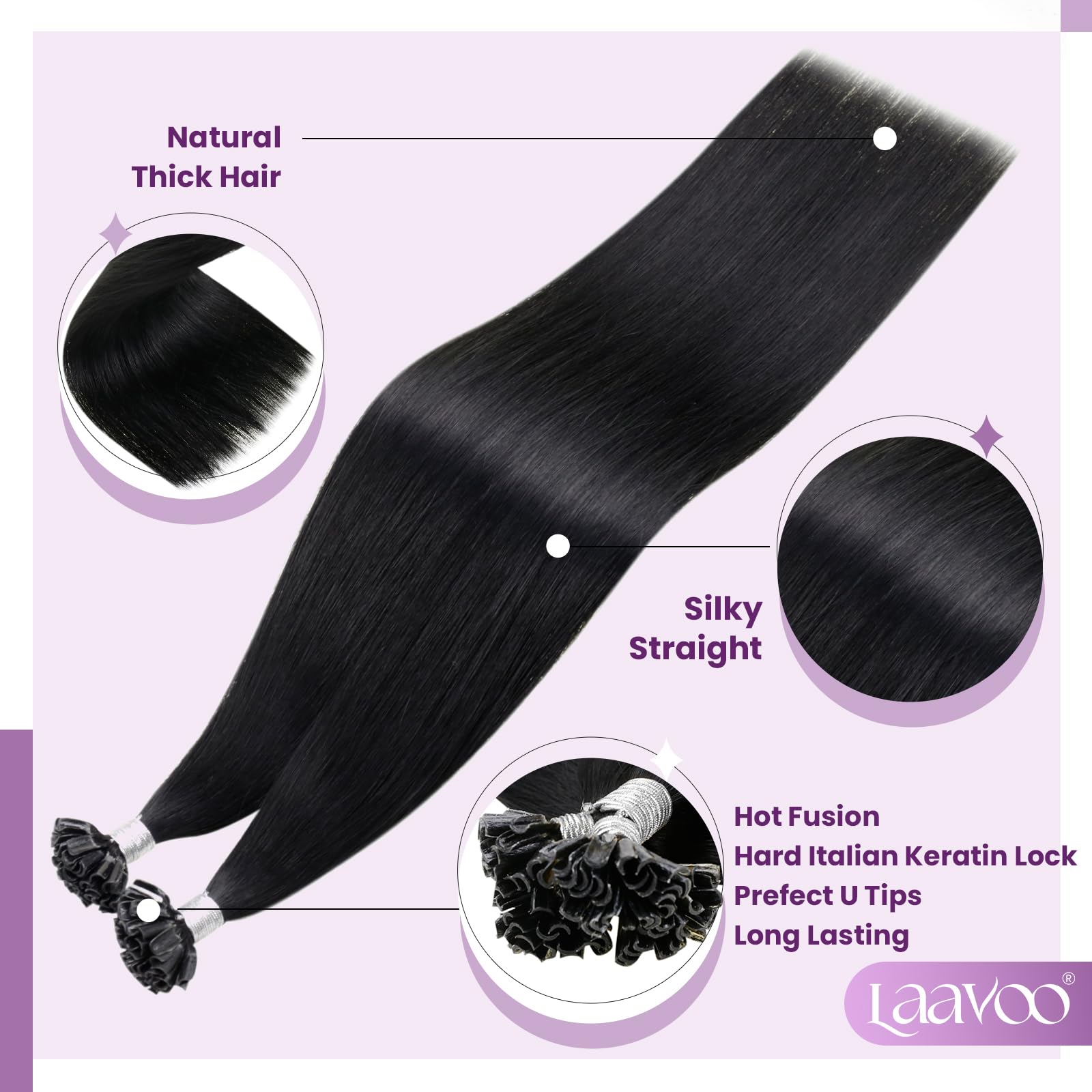 LaaVoo U Tip Hair Extensions Real Human Hair Black Invisible Hot Fusion Remy Straight Natural Black Human Hair Extensions 1g/s 50s 50g 20 Inch #1 - Image 2