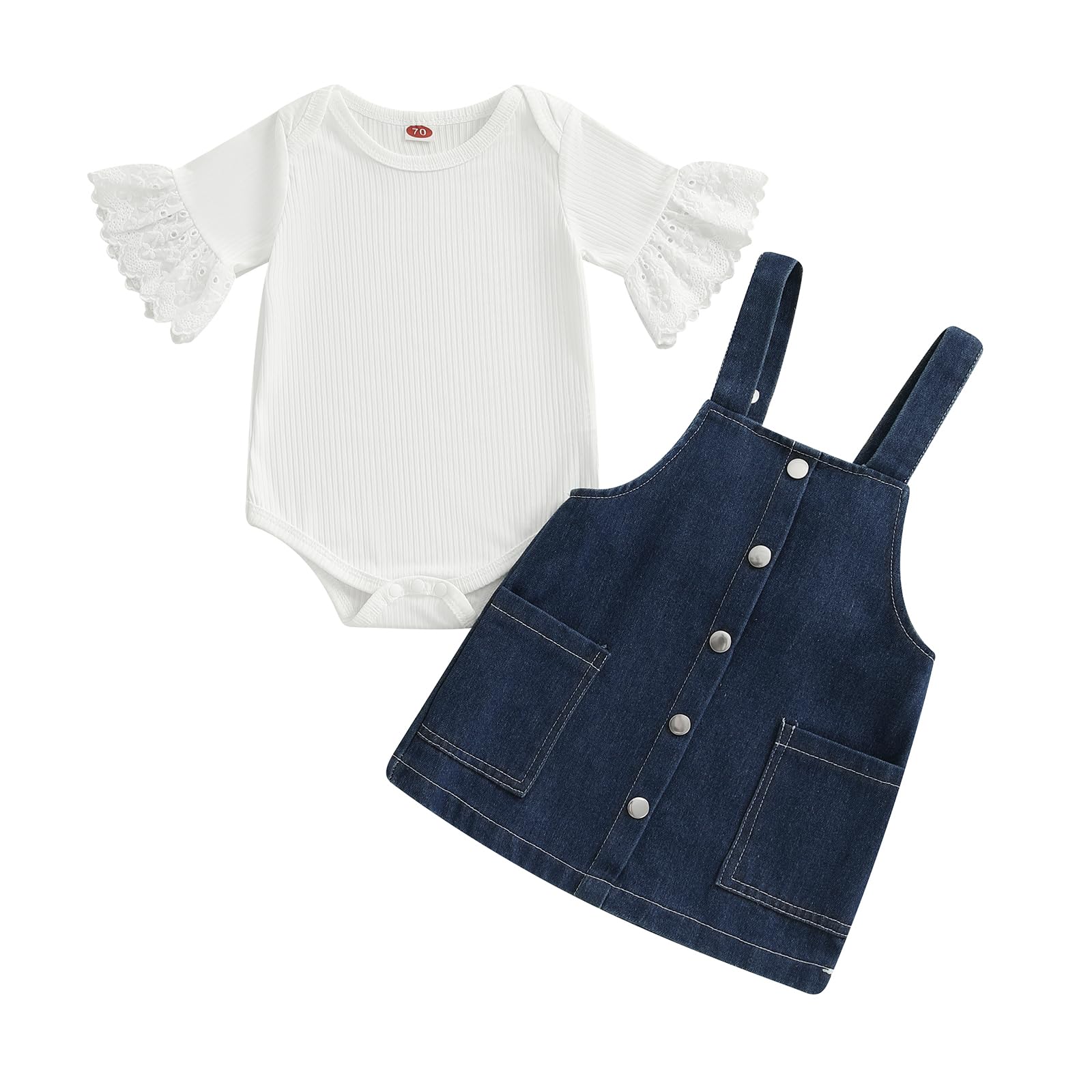Kodaruber Infant Girl 2 Piece Outfits Eyelet Embroidery Flare Sleeve Ribbed Romper Denim Overall Dress Set Summer Clothes(Blue,6-12 Months)