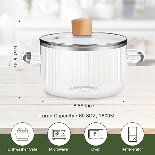 Miniatura 4 de Olla de cocción de vidrio con tapa, olla a fuego lento de 60.8 onzas, resistente al calor, estufa de borosilicato, olla de cocción de vidrio con