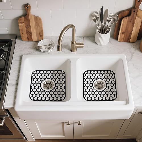 Miniatura 50 de Paquete de 2 tapetes de silicona para fregadero de 13.58 x 11.6 pulgadas, protectores para fregadero de cocina con drenaje central, rejilla Gris