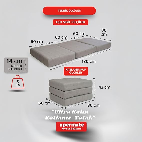 Xpermate Ultra Kalın Katlanır Sünger Yatak, Yer Yatağı, Katlanır Yer Minderi, Misafir Yatağı(Gri, 80x180x14)