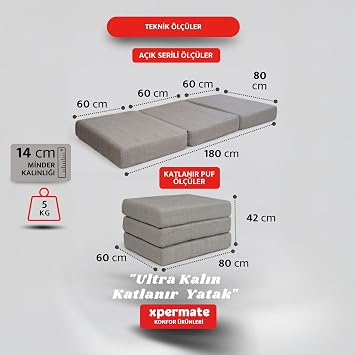 Xpermate Ultra Kalın Katlanır Sünger Yatak, Yer Yatağı, Katlanır Yer Minderi, Misafir Yatağı(Gri, 80x180x14)