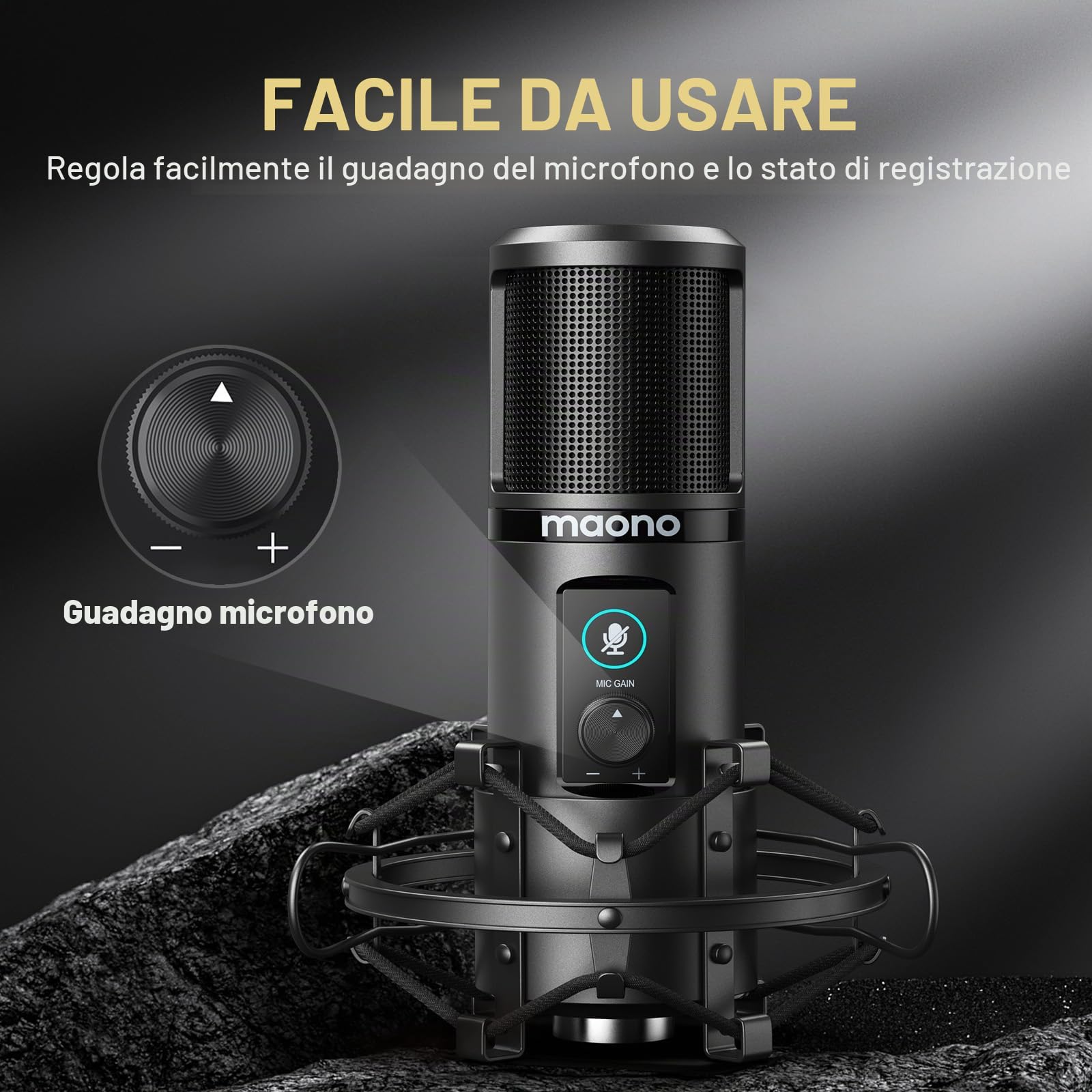 MAONO PM421 - Microfono a condensatore a condensatore con silenziatore monocomando, microfono USB 192KHZ/24BIT e manopola di guadagno microfono per trasmissione, registrazione, gioco, YouTube