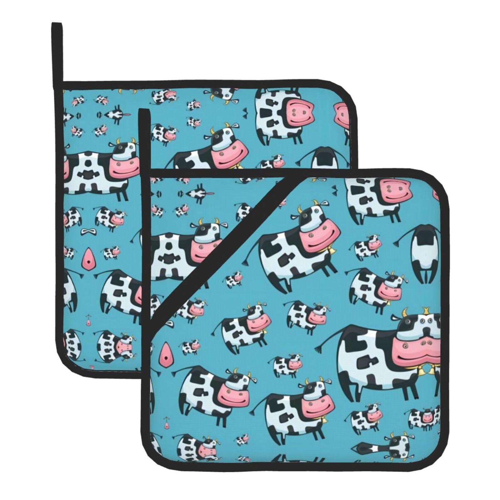 YYHWHJDE Cow Prints Square Hot Pads for Kitchen Counter - Waterproof Pot Holders with Hanging Loop, Durable Trivets for Microwave Oven - 2 Pack