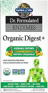 Garden of Life Dr. Formulated Enzymes Organic Digest + Chewables, 90 Count, Tropical Fruit. Helps Digestion After Meals. 120,000 FCC Units of Papain. Dr. Perlmutter formulated Organic Digest+ to be the first and only full-spectrum digestive enzyme formula that includes Organic whole foods and is Non-GMO Project Verified.