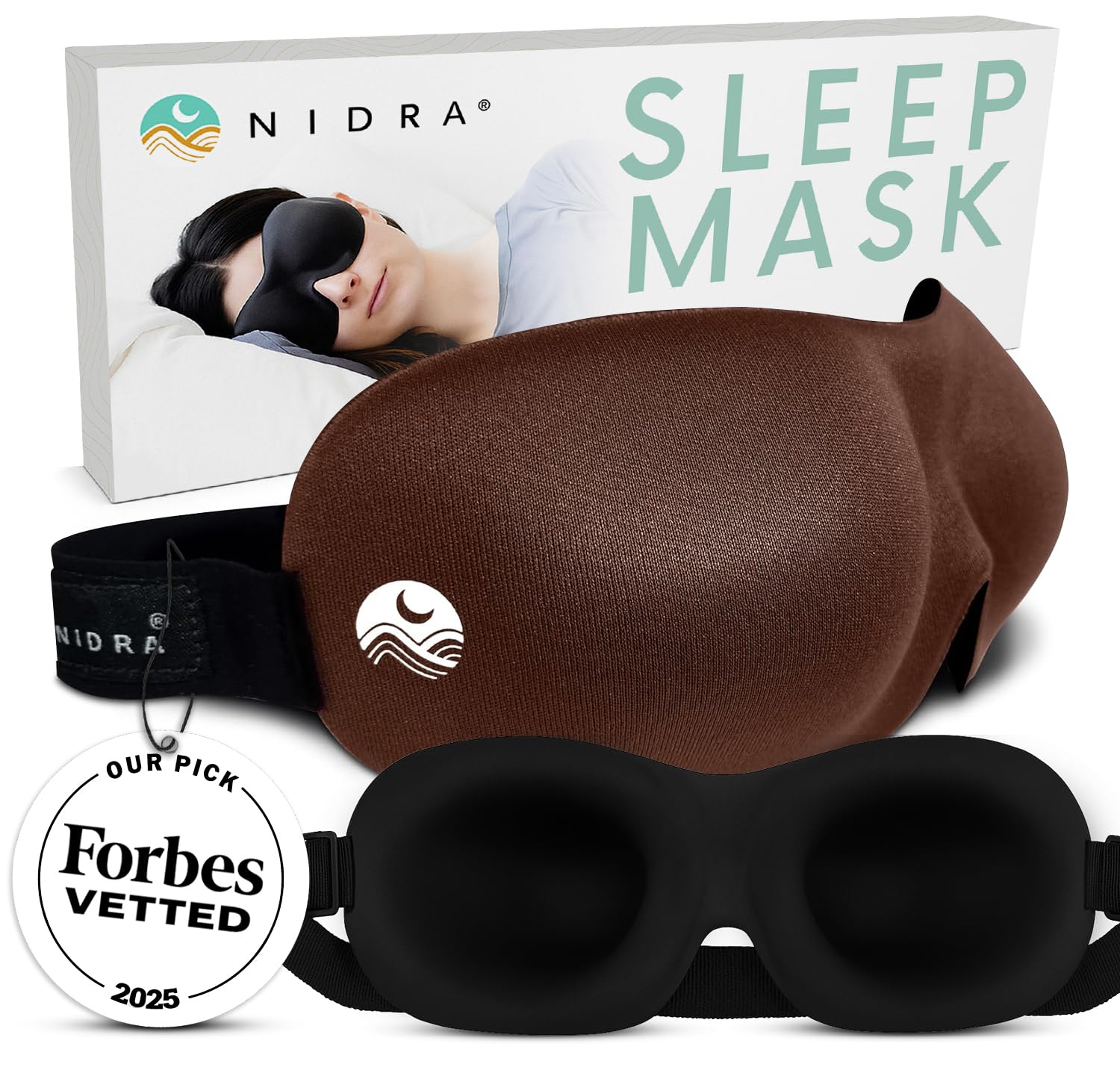 Nidra Contoured Sleep Mask for Side Sleepers – Zero Pressure Fit, Light Blocking Eye Shade for Sleeping & Travel – Brown, Standard Size
