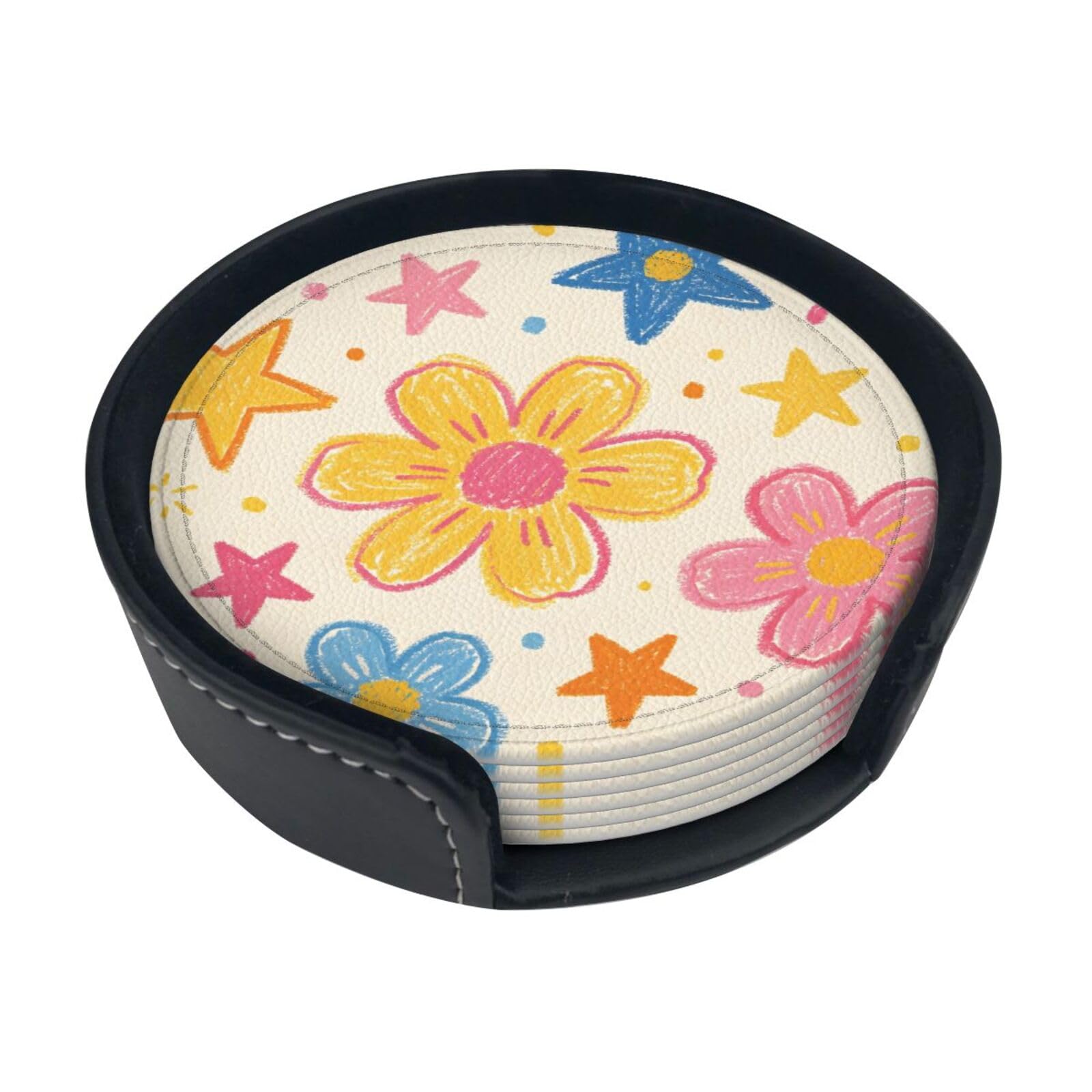 Crayon Doodle Art Leather Coasters-Set of 6 with Storage Holder