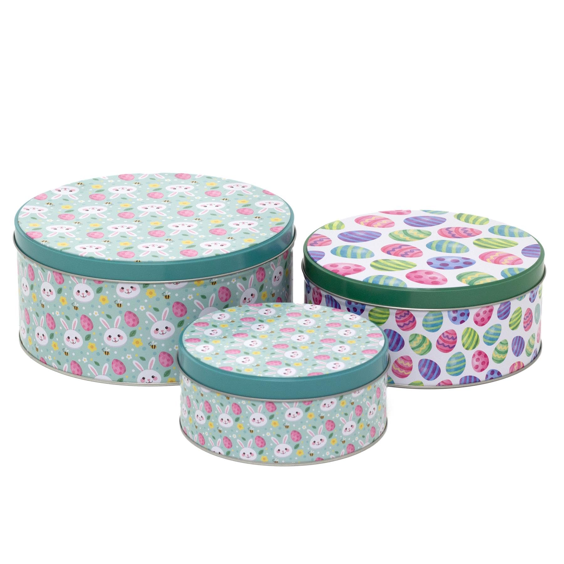 Carousel Home Set of 3 Easter Nesting Tins | 3-piece Round Fairy Cake Biscuit Muffin Storage Display Tins | Cute Bunny & Easter Egg Design