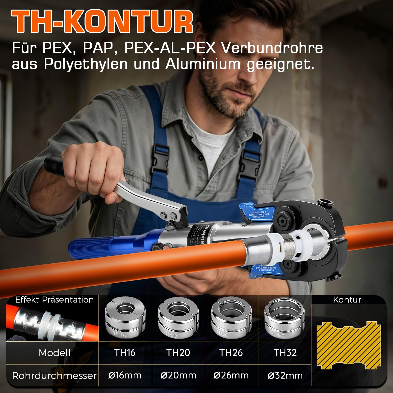 Hydraulisch Presszange Kupferrohr Set mit CR V-Kontur und TH-Kontur | Rohrpresszange inkl. Rohrschneider, Entgrater & Rohrschere für Kupferrohre, Alu-Verbundrohr & Edelstahlrohr
