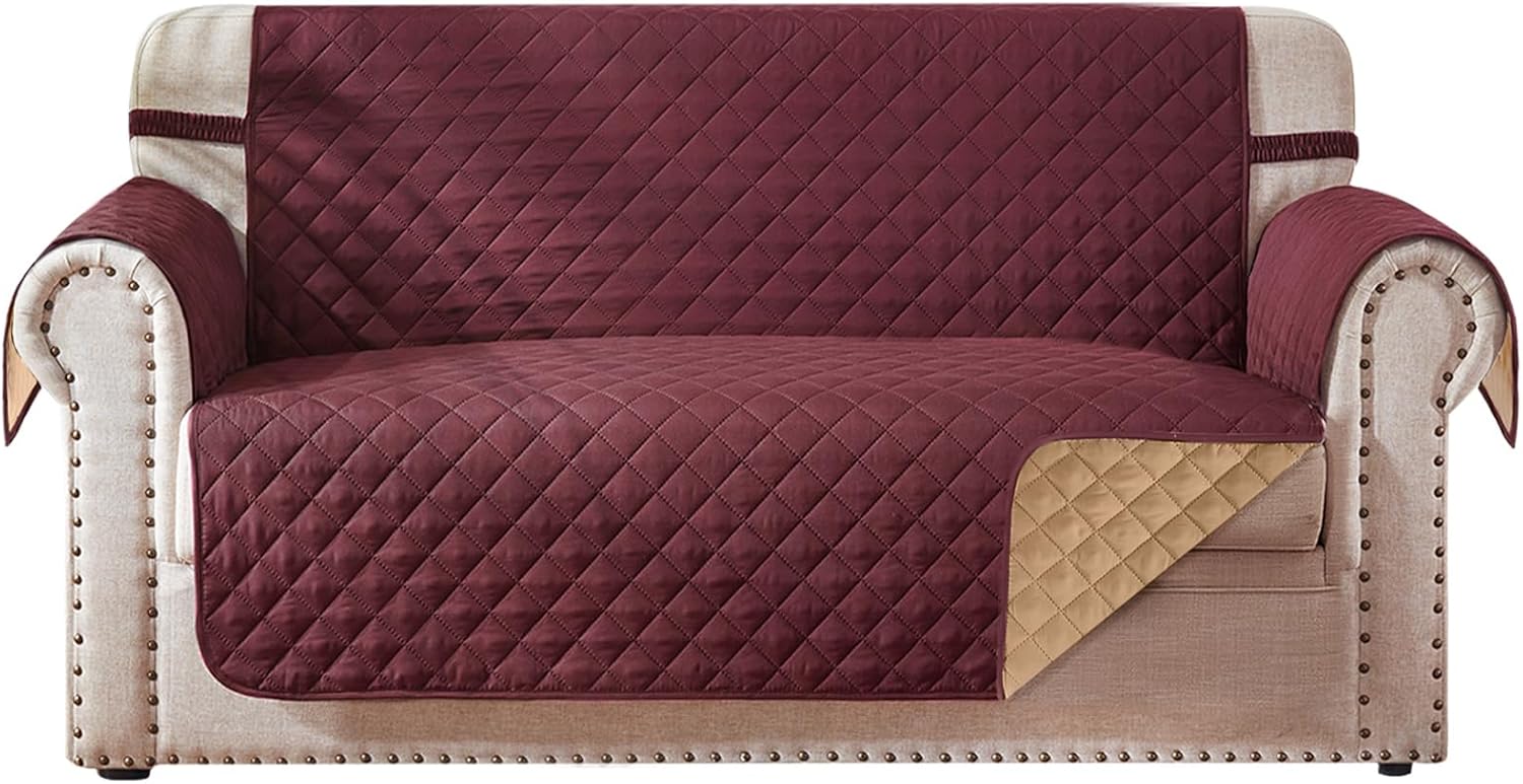 HOMERILLA Reversible 2 Cushion Couch Cover for Dogs Water Resistant Washable Pets Furniture Protector Sofa Cover with Elastic Straps (Loveseat 48", Burgundy/Camel)