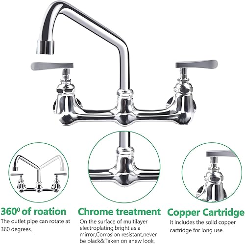 Miniatura 2 de KWODE Grifo de fregadero comercial con boquilla giratoria de 10 pulgadas, grifo de cocina de montaje en pared central de 8 pulgadas para fregaderos