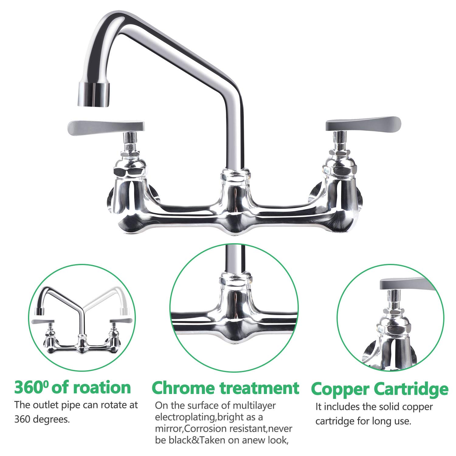 KWODE Commercial Faucet 8 Inch Center Wall Mount Kitchen Sink Faucet