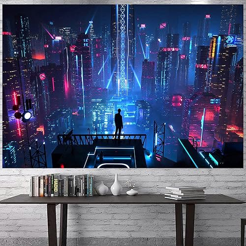 Miniatura 11 de Aidatain Tapiz punk urbano rascacielos, horizonte, 3D, Urben, edificio, luces de neón, para colgar en la pared, tapices de franela de tamaño grande