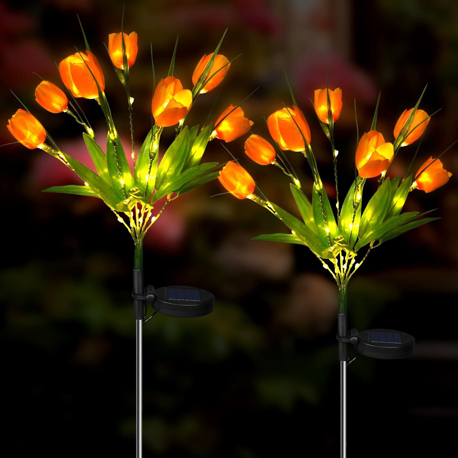 Aolyty 2 Pcs LED Solar Garden Lights, Decorative Waterproof Tulip Stake Light, Outdoor Artificial Ornaments for Grave Patio Pathway (Orange)