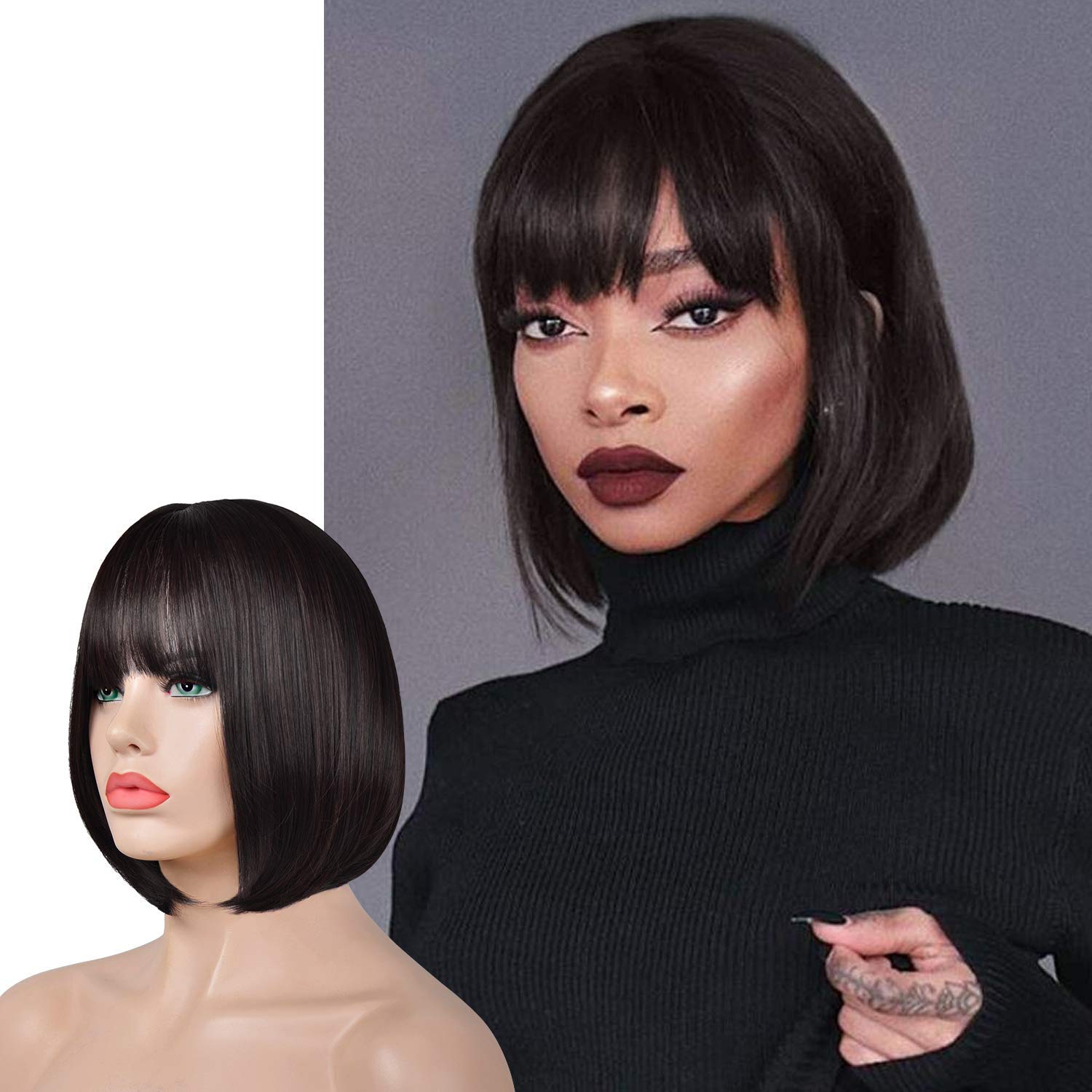 GZAmber Cosplay Wig Short Bob Wigs Brazilian Straight Human Hair Wigs Machine Made None Lace Front Wigs for Women (14")