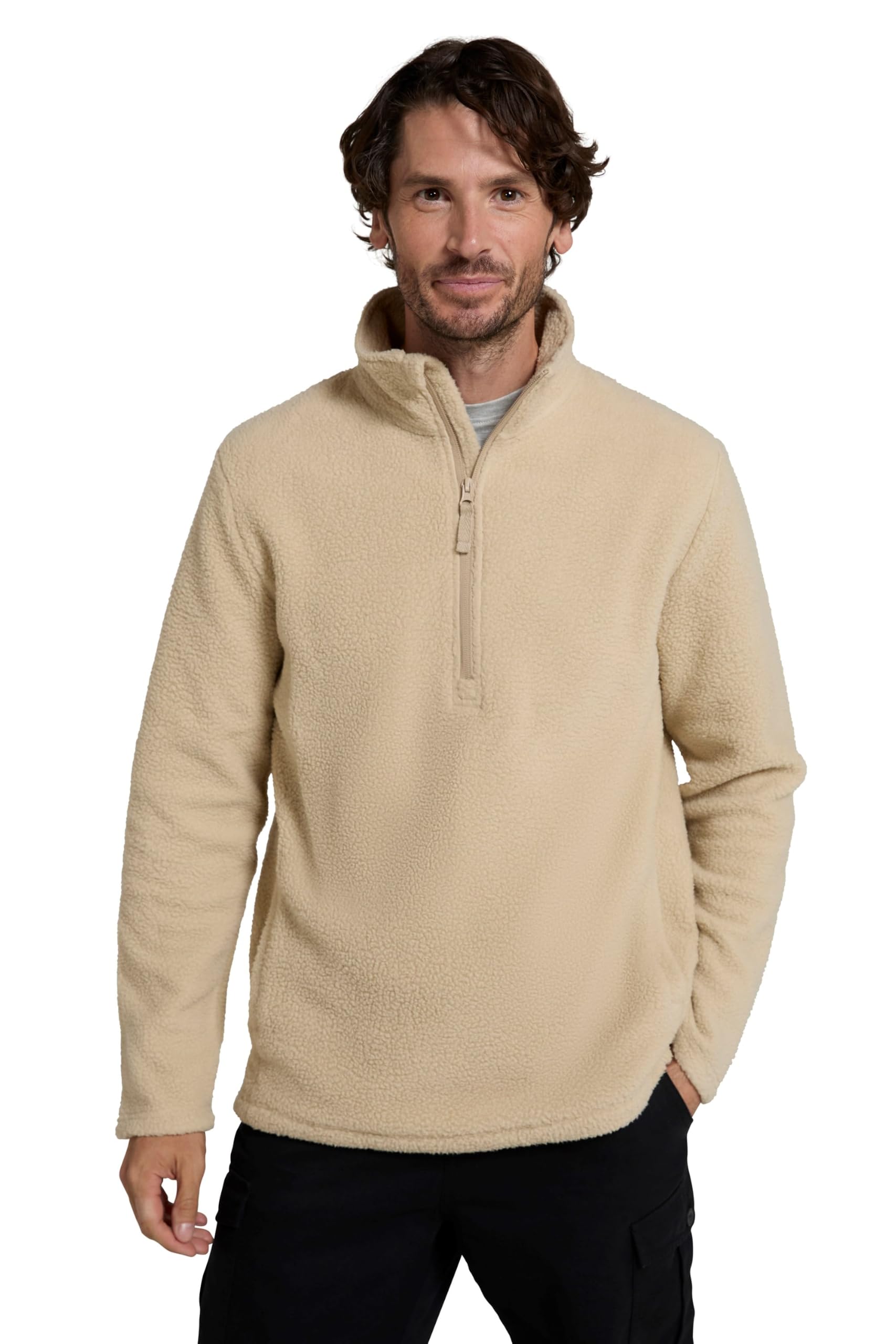 Mountain Warehouse Men's Beige Ted Half-Zip Borg Fleece - Warm & Cosy, Lightweight Microfleece Pullover - Autumn Winter, Outdoors, Holiday, Walking, Hiking M