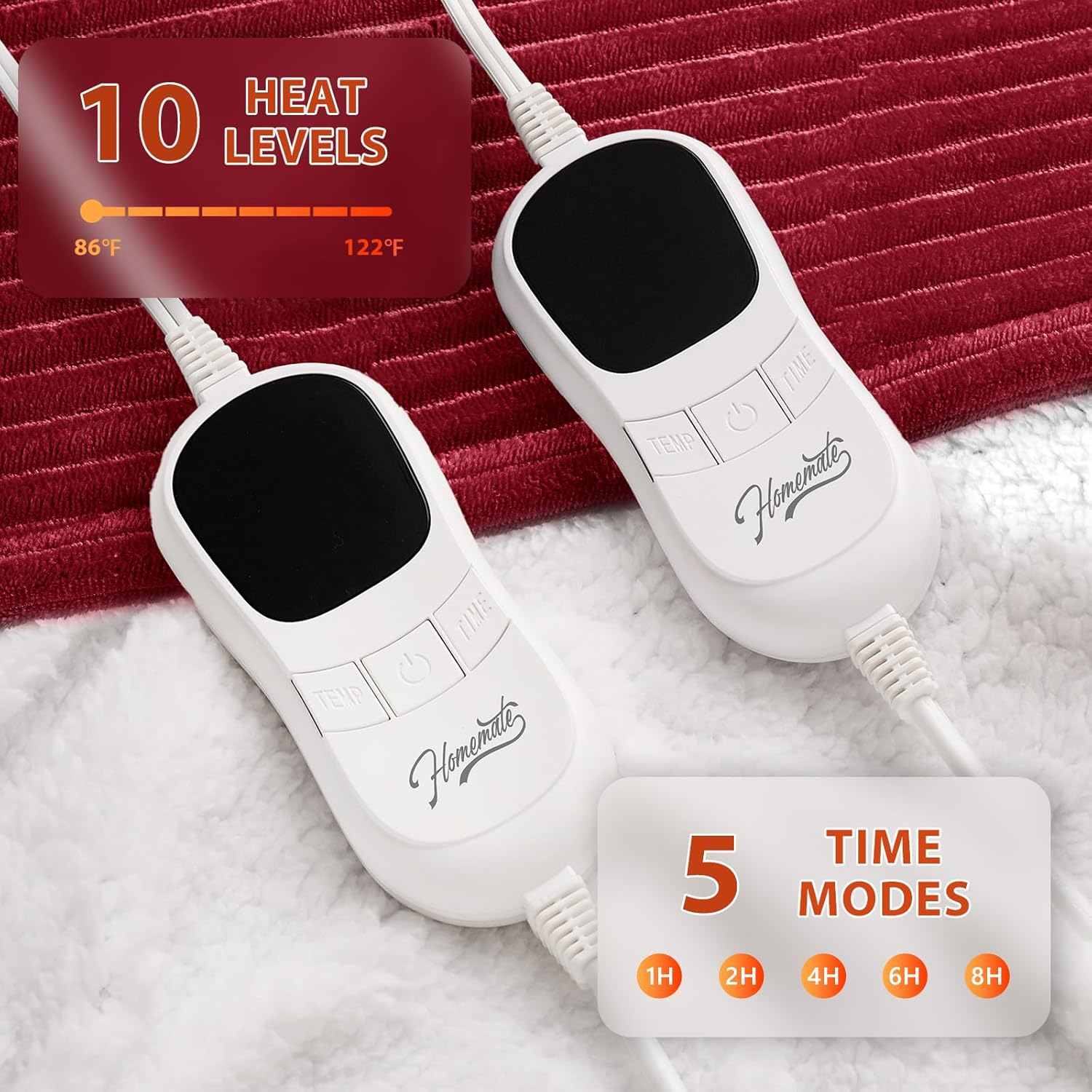 Homemate Electric Heated Blanket Queen Size - 84"x90" Heating Blanket Queen Size Dual Control 1/2/4/6/8 Hours Auto-Off 10 Heat Level Over-Heat Protection Soft Flannel Sherpa ETL Certification - Image 3