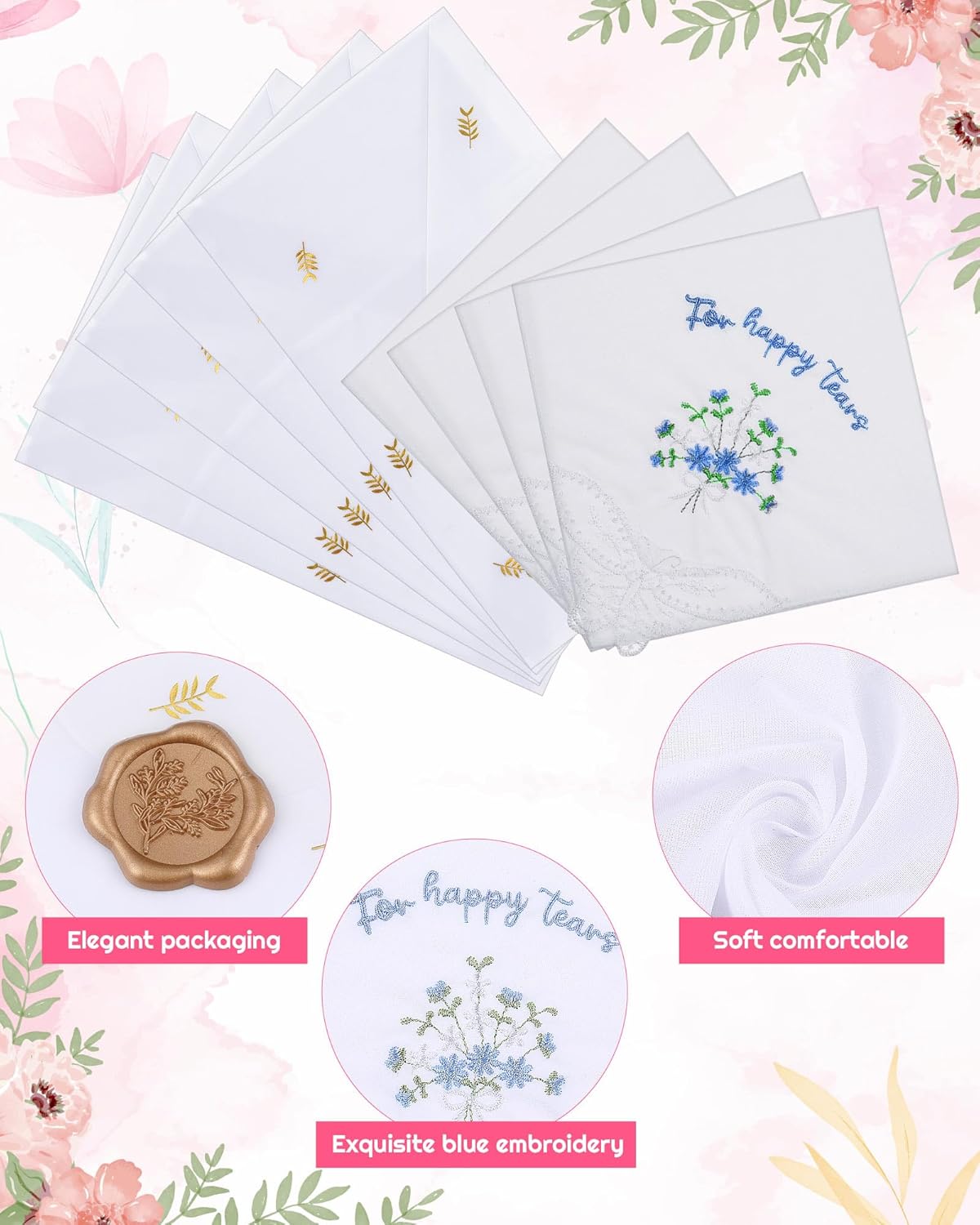 6/12 Sets Embroidered For Happy Tears Wedding Handkerchiefs 11" x 11" with Lace Mother of the Bride Gifts for Bride Party - Image 4