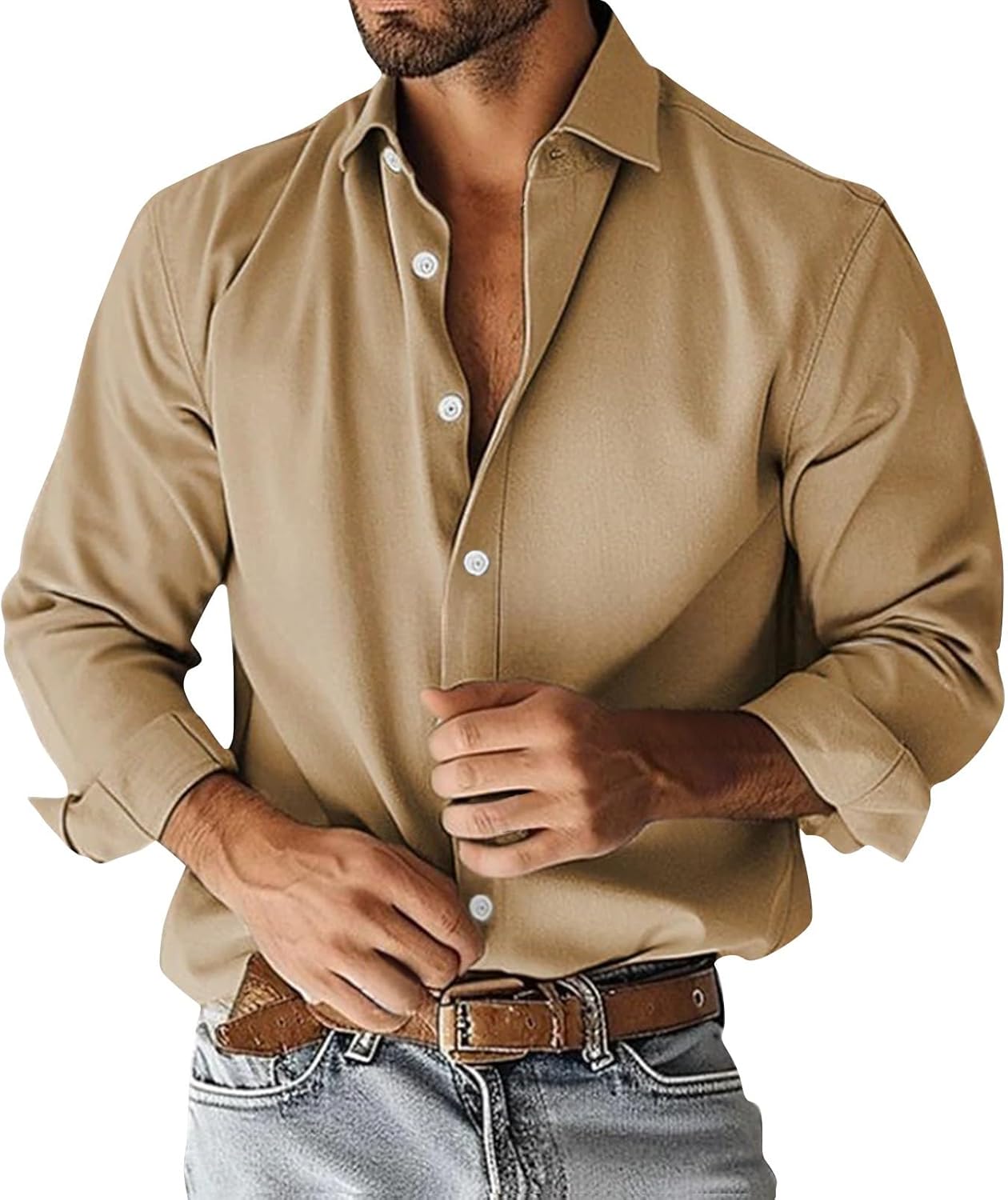 Ymosrh Men's Fashion Shirts Button Up Long Sleeve Fall Casual Formal Untucked Dress Shirts, M-3XL