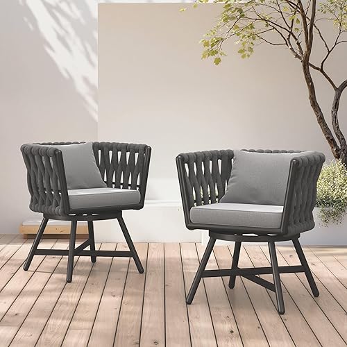 Miniatura 15 de Grand patio Juego de comedor al aire libre de 7 piezas para 6, Juego de muebles de comedor de patio con 6 sillas giratorias de mimbre de cuerda y 1