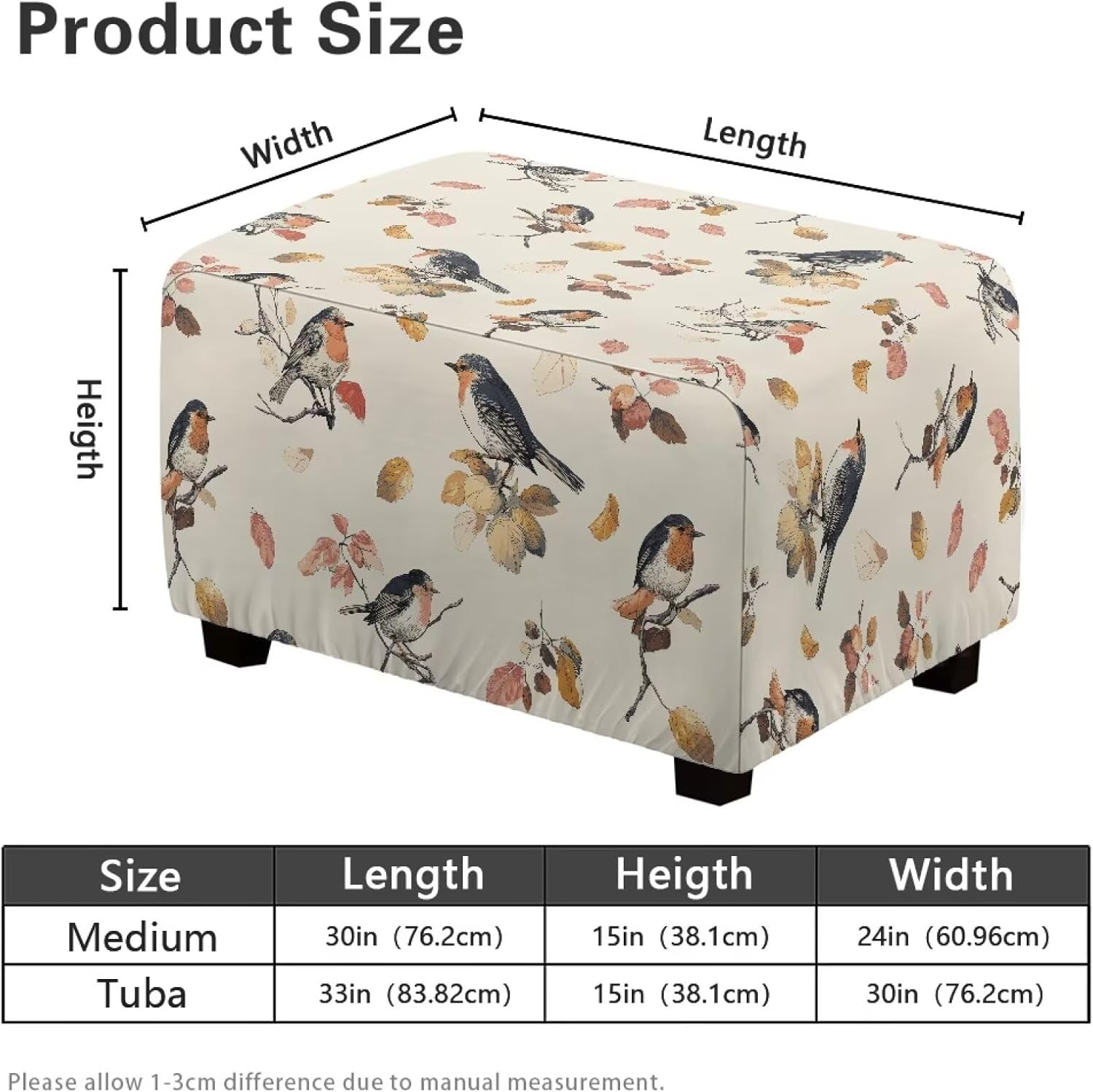 Bird Tree Branches Ottoman Cover Rectangular Storage Stool Vintage Art Painting Stretch Soft Rectangle Storage Stool Cover with Nonslip Elastic Bottom-S