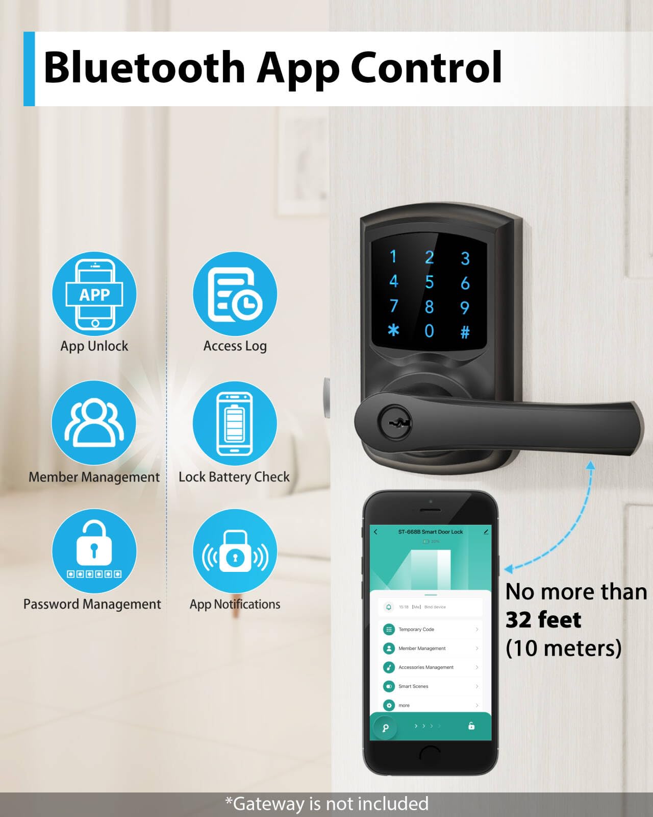 Hidalife Serratura intelligente con maniglia, serratura senza chiave con tastiera, controllo app, serratura digitale con codice touchscreen, per porta d'ingresso, camera da letto, garage, appartamento