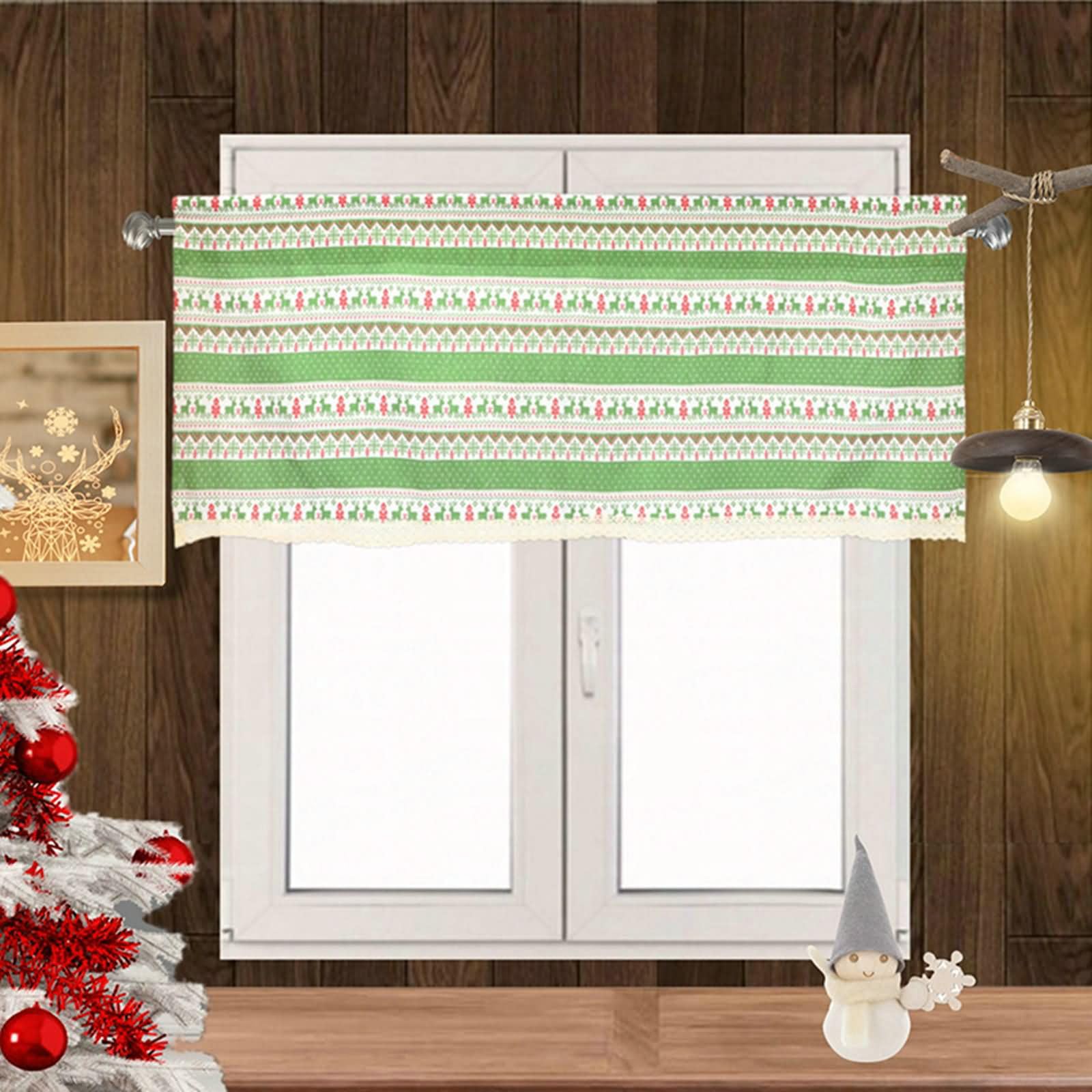 Homxi Cortina Habitacion 1 PCS Corta,1 x 130W x 41H CM,Cortinas de Salon Cortas Verde Patrón de Navidad Cortina Cocina Cortas Bolsillo