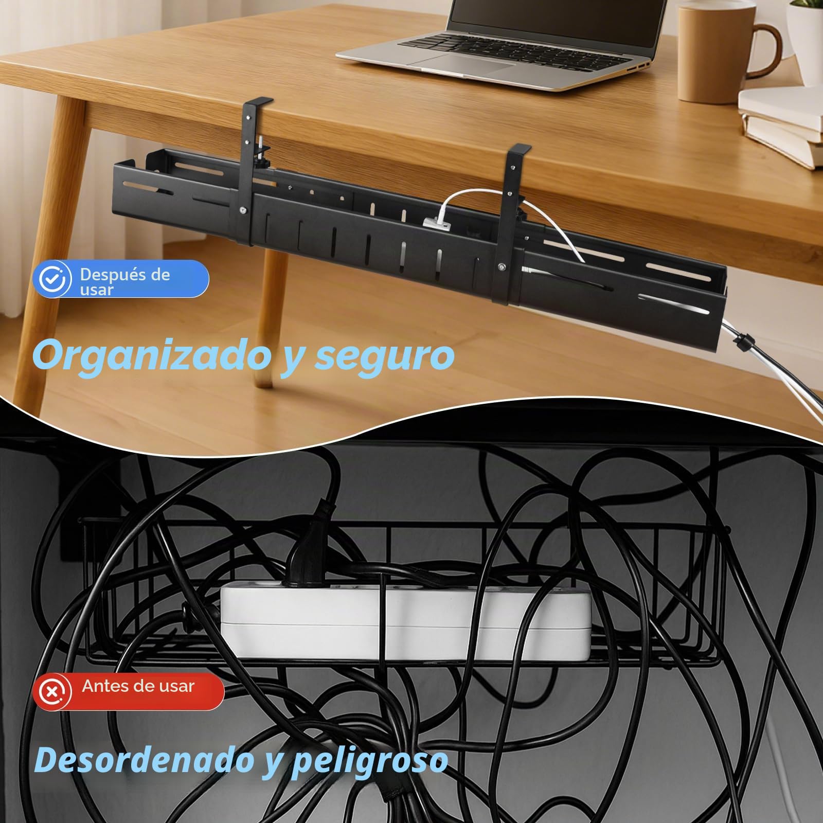Organizador de Cables para Escritorio, Ajustable 64-98 cm - Soporte Metálico para Organizador Cables sin Taladro, Mantén tu Escritorio Ordenado