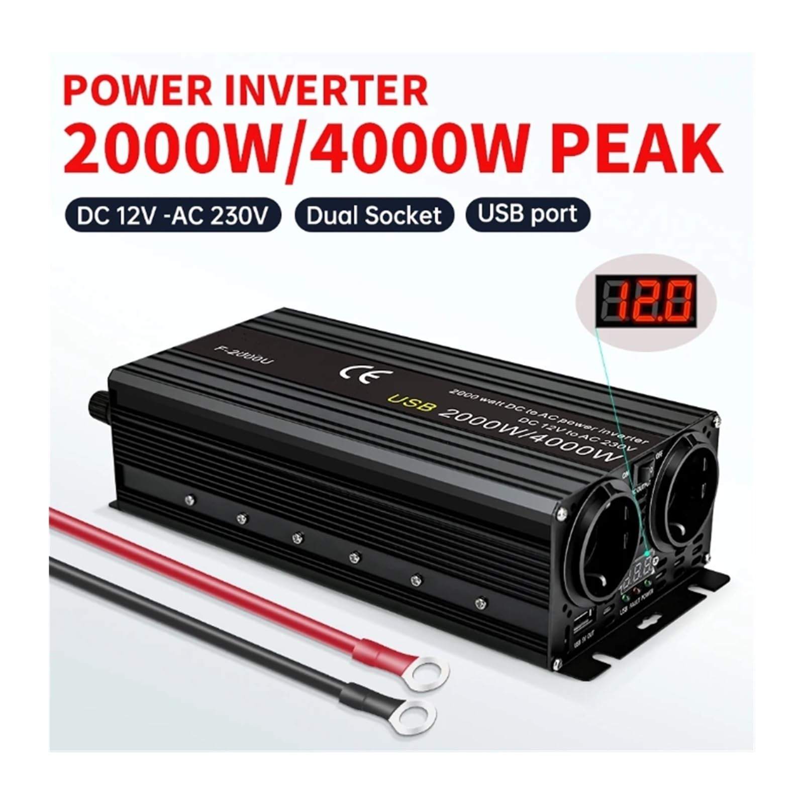 Power Inverter Inversor Coche 12V A 220V Potencia 500W 1500W 2000W 2600W 3000W Transformador Solar Enchufe Europeo Automático Convertidor(12V 220V 2000W)