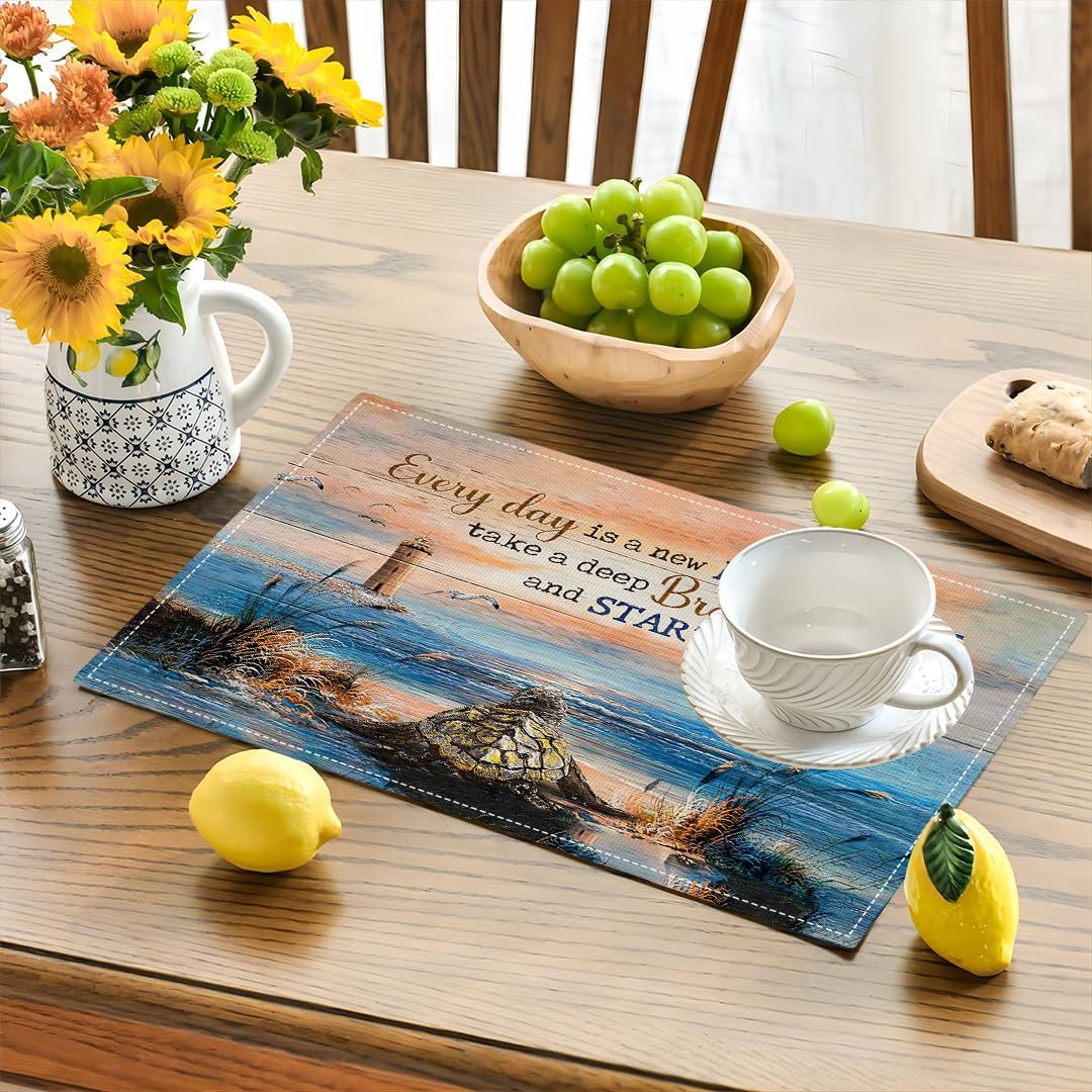 Sea Turtle Beach Summer Placemats Set of 6 Coastal Lighthouse Nautical Inspirational Quotes Double-Sided Table Mats for Dining Room Home Party Indoor 6 PCS 12x18 Inch