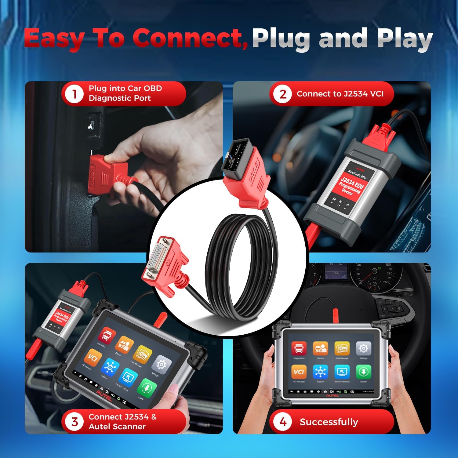 Autel Original OBD2 Haupttestkabel 1.5M 3 Reihiger, 16 Poliger OBDII Diagnosestecker, Nur für MaxiSys MS908P MS908S PRO II MK908 PRO II MS909CV EU Elite II PRO MS909 MS919 Ultra Lite Ultra