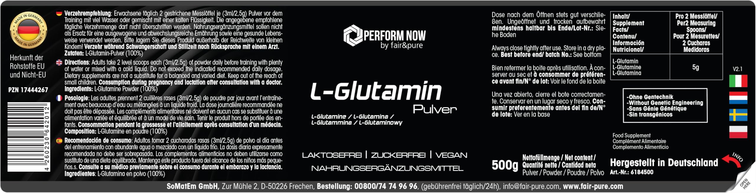 Fair & Pure® - L-Glutamine 500 g en poudre - 100% pure sans additifs - Vegan - Acide aminé protéinogène