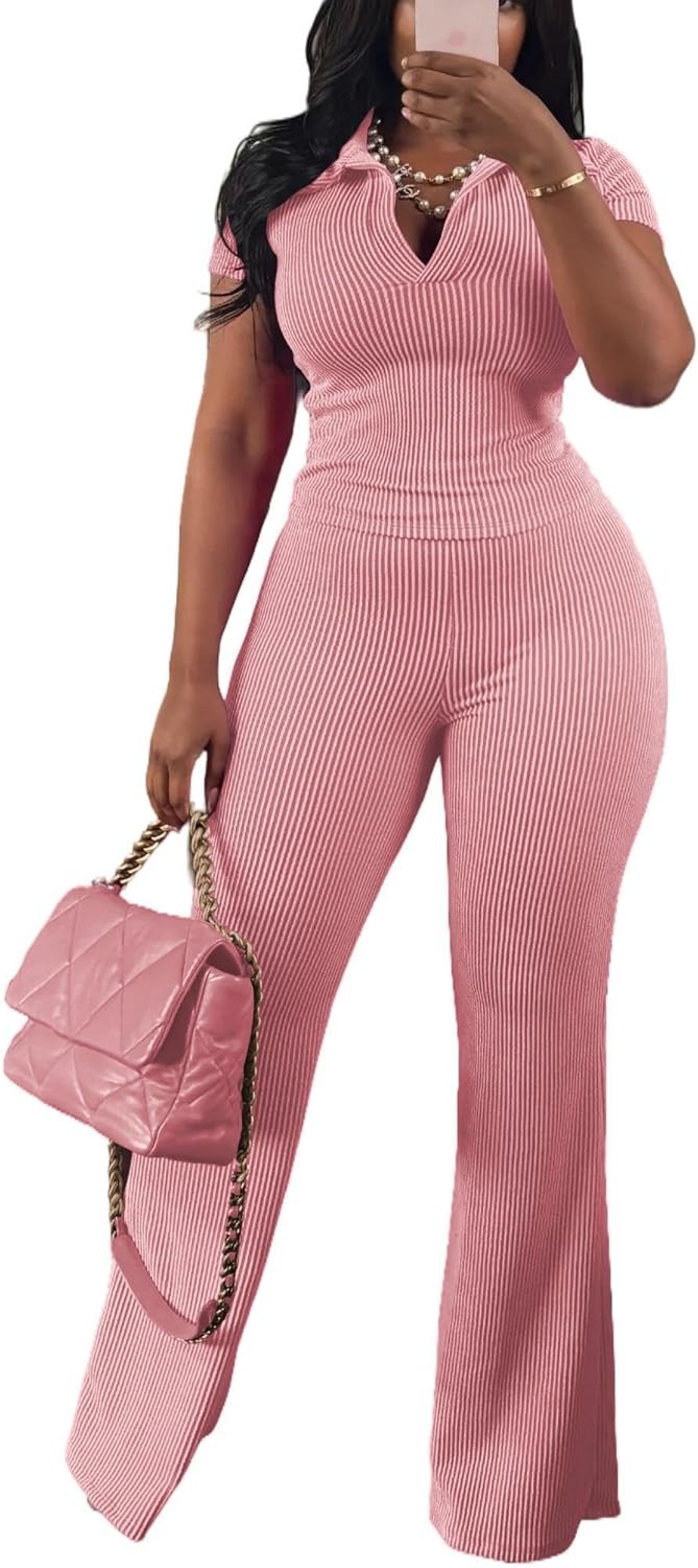 HBQ Women Two Piece Outfit Ribbed Short Sleeve V Neck Polo Top and Flare Pants Casual Lounge Sets Tracksuit