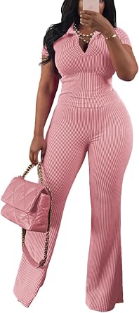 HBQ Womens 2 Piece Outfit Ribbed Short Sleeve V Neck Polo Top Flare Pants Casual Lounge Sets Tracksuit