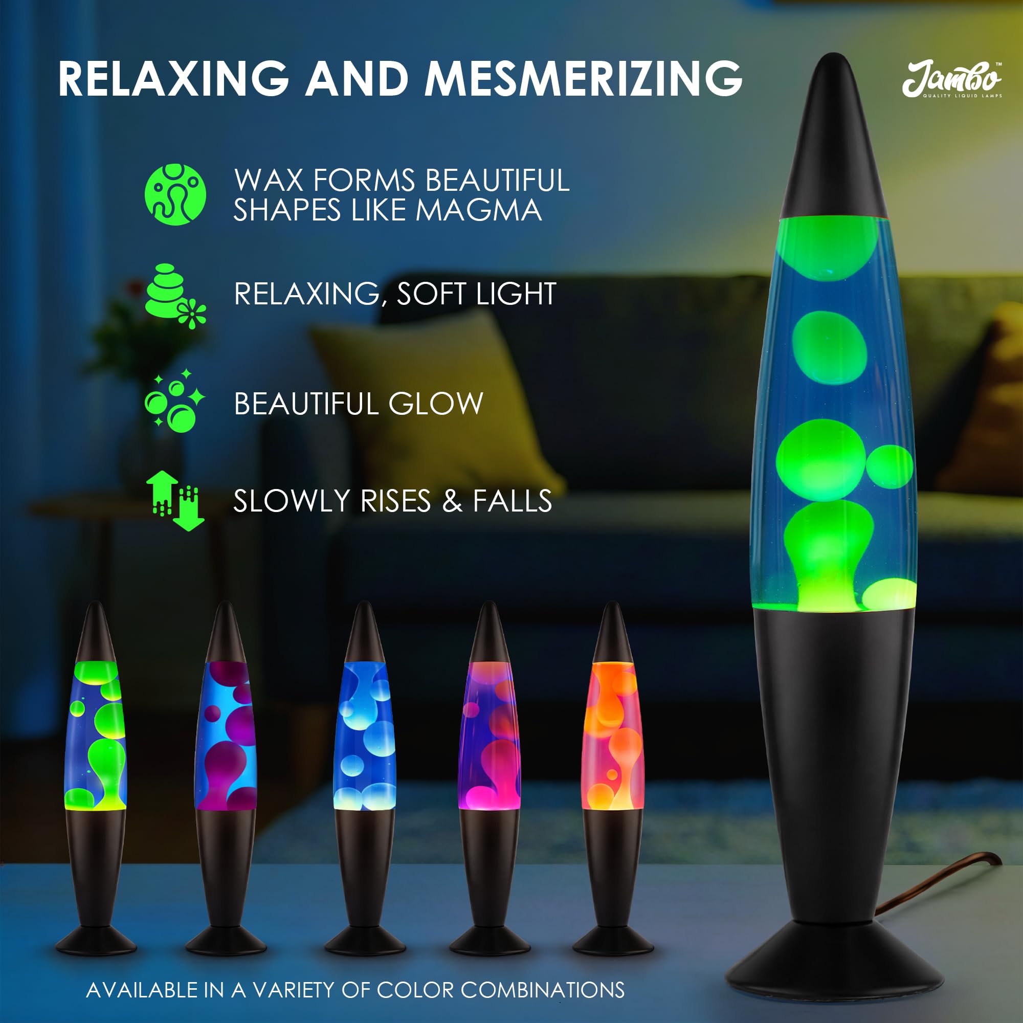 JAMBO 16" Beautiful Lamp- Blue with Yellow/Green Wax, Relaxing Liquid Lamp for Living Room Office Bedroom Adults Teens Kids, Magma Light, Night Light Nightlight, Home Decor