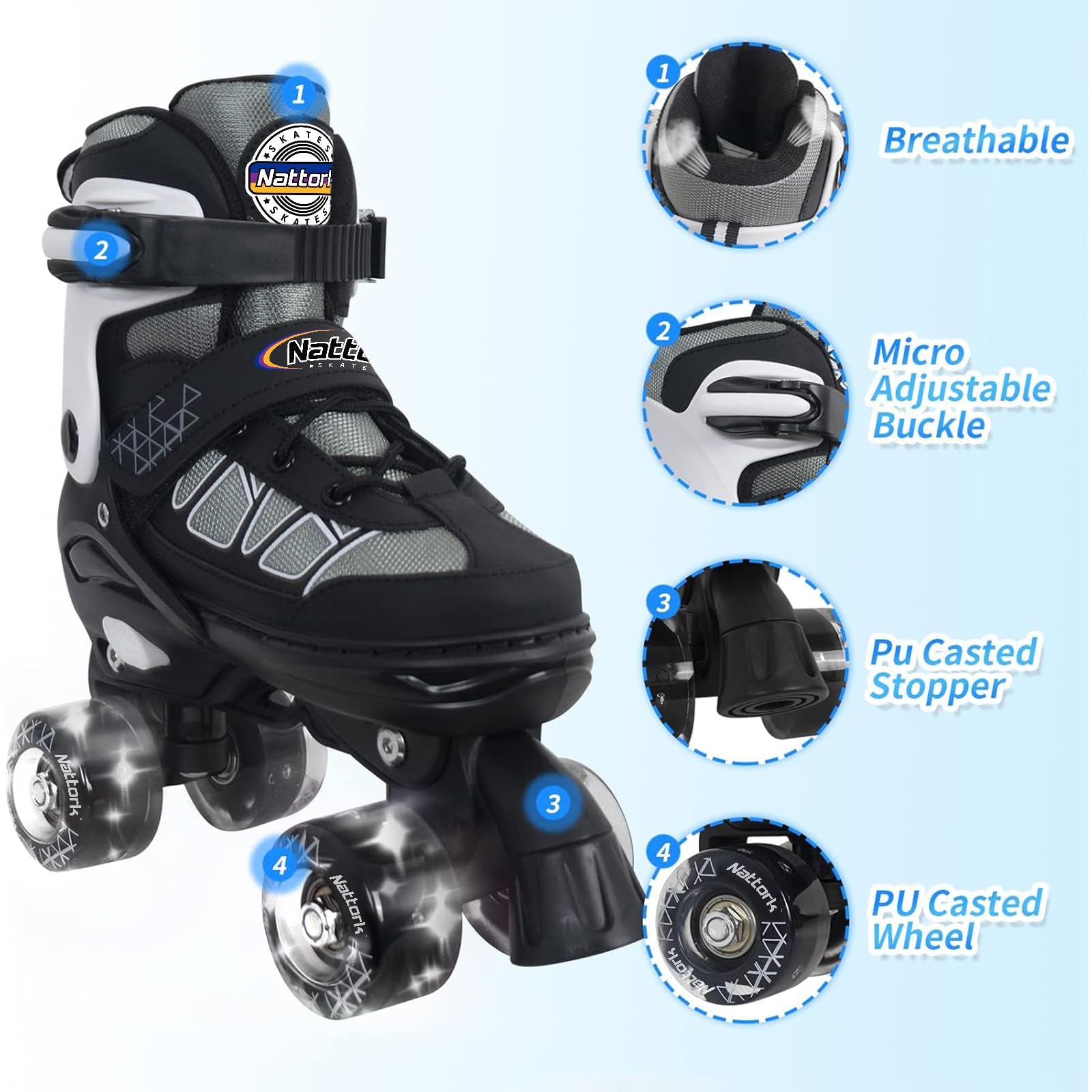 Nattork Patins à roulettes pour enfants, filles, garçons et débutants, 4 tailles, réglables avec roues lumineuses pour enfants et débutants, pour l'extérieur et l'intérieur