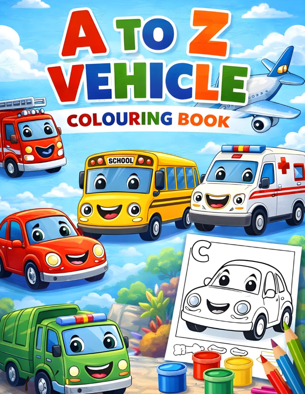 A to Z Vehicle Coloring Book for Kids: Fun & Easy Alphabet Vehicles | Cars, Trucks, Planes & More | Learn ABC with Coloring