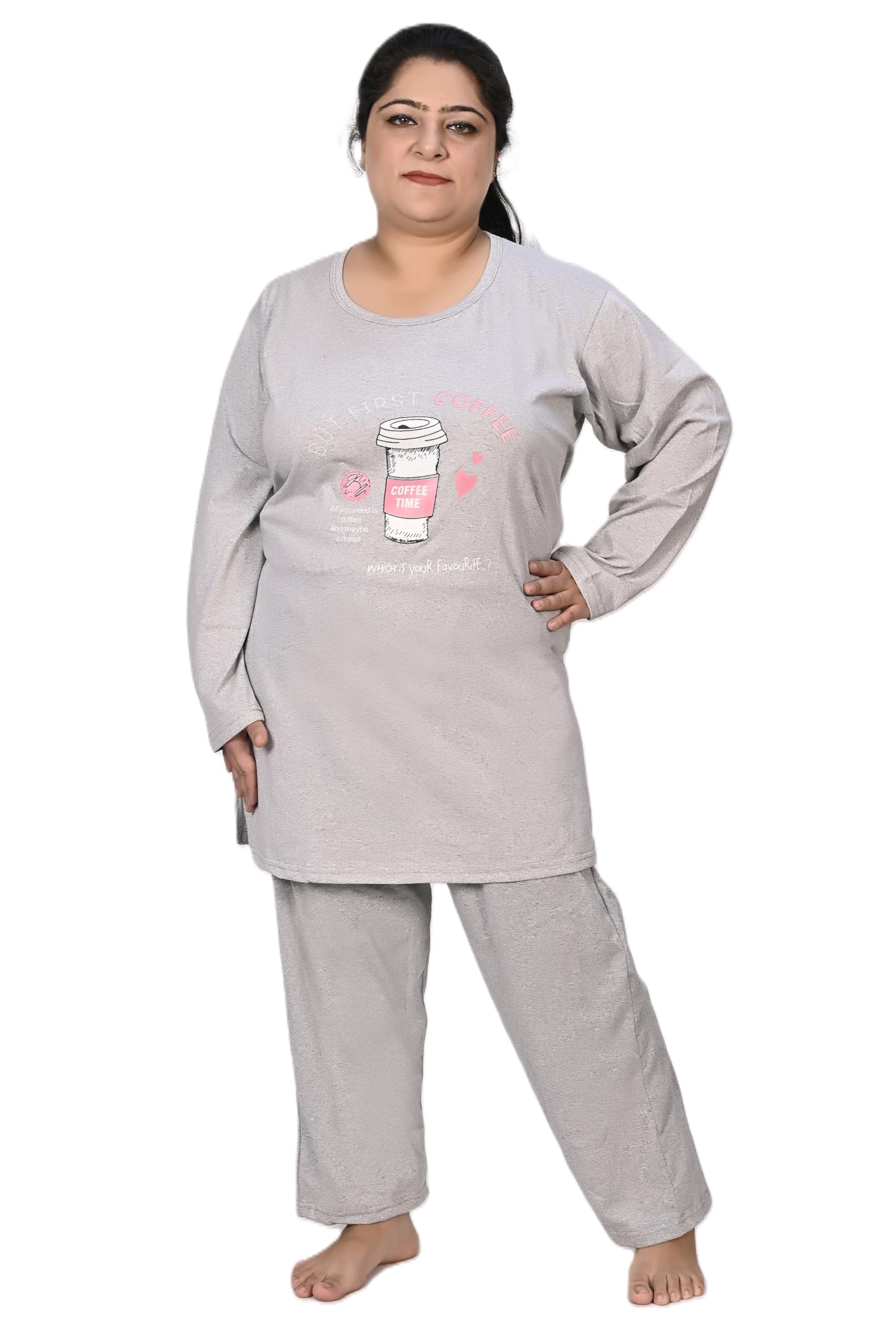 la rainbow Women Printed Plus Size Full Sleeves Cotton Night Suit, Lounge n Sports WearTrack Suit,Top and Pyjama Set with Pocket for Ladies/Girls-Light Grey-picture-14