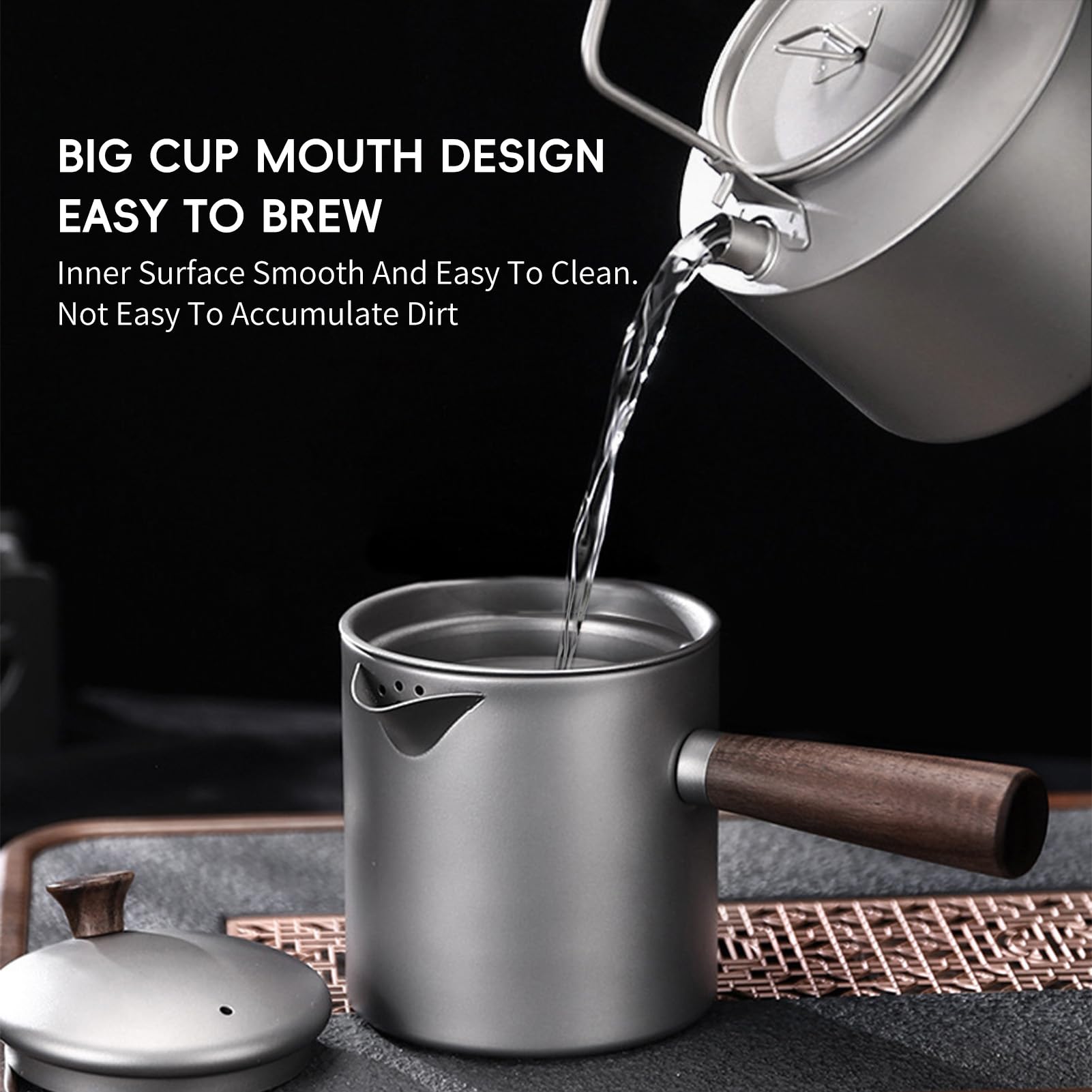 Camping Kettle for Boiling, 580ml Portable Stovetop Tea Kettle with Fine Mesh Filter, Lightweight Coffee Pot with Solid Wood Handle and Storage Bag for Hiking Picnic Travel