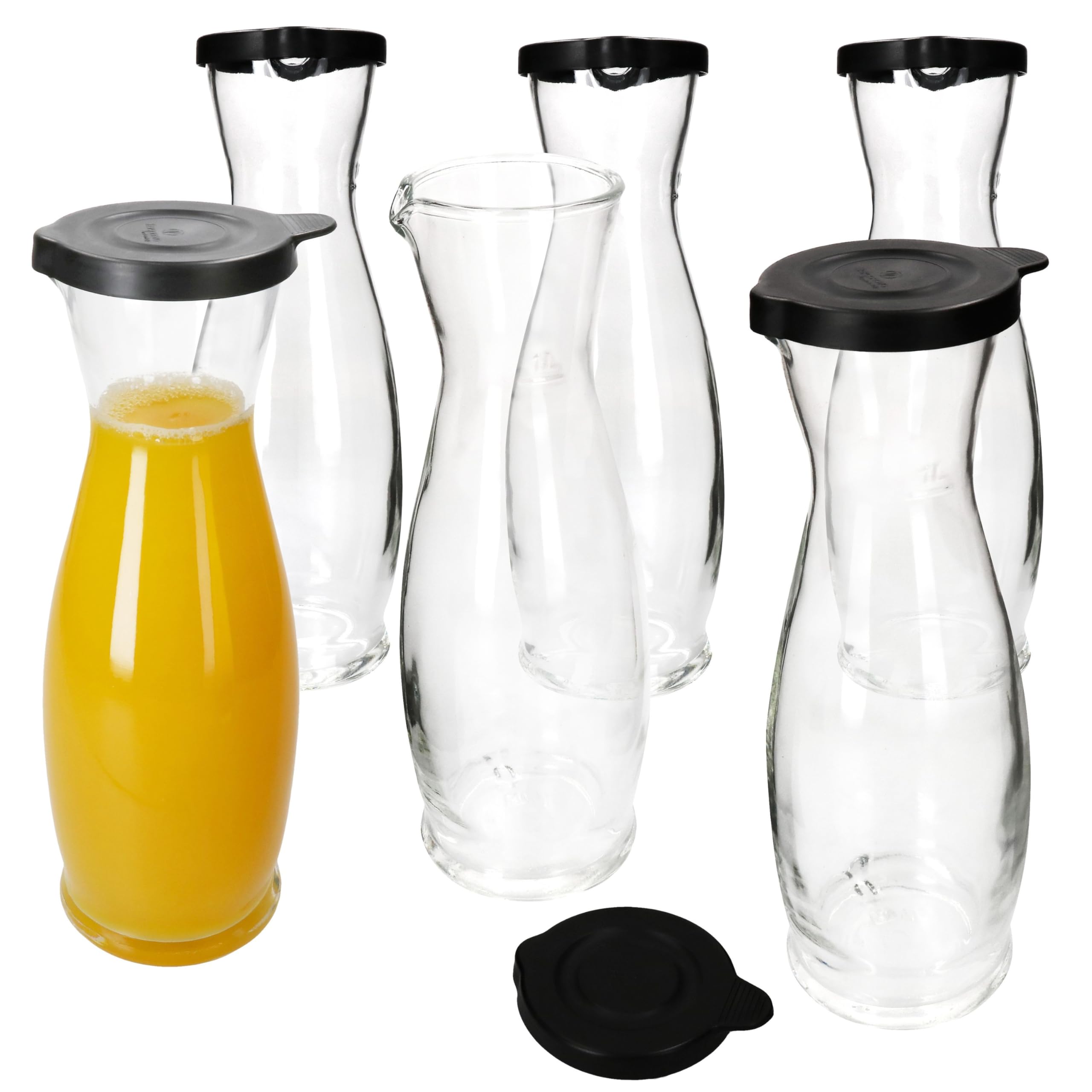 MamboCat Mia Misura Lot de 6 carafes à vin avec couvercle en plastique noir I 1 l Calibré I Carafe en verre avec bec verseur et anse pour vin, eau, jus, lait, etc.