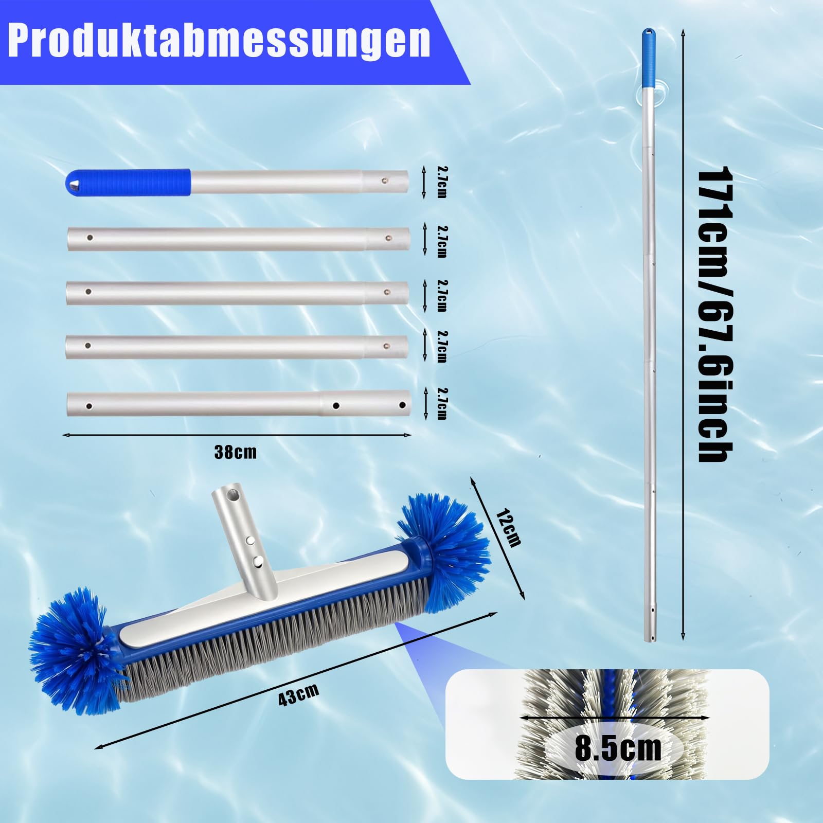 Brosse Piscine Ronde Nettoyage avec Tige Télescopique Tête Détachable Poils Robustes Fond Parois