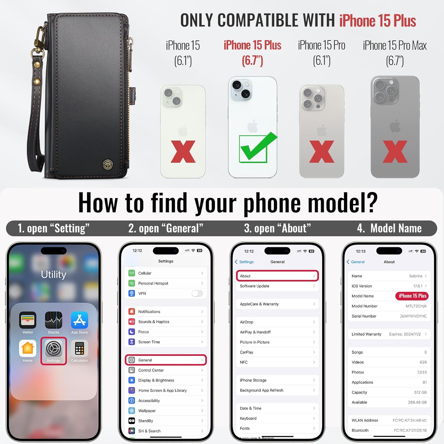 Defencase Compatible with iPhone 15 Plus Case Wallet with RFID Blocking Card Holder for Women Men, Soft PU Leather Magnetic Snap Flip Zipper Strap Wallet Phone Case Fit for iPhone 15 Plus 6.7", Black